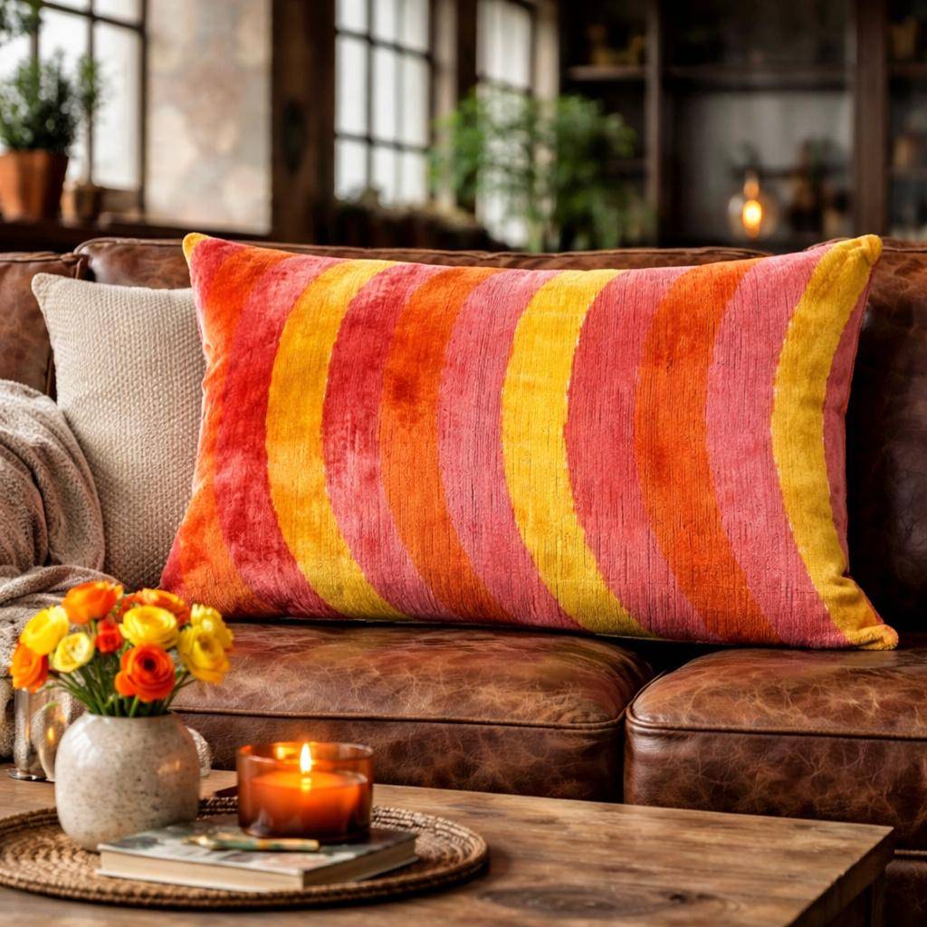 Kissenhülle 40 x 60 cm mit abstraktem Muster in warmen Farben wie Orange, Rosé, Gelb und Creme, Oberseite aus 100 % Seide