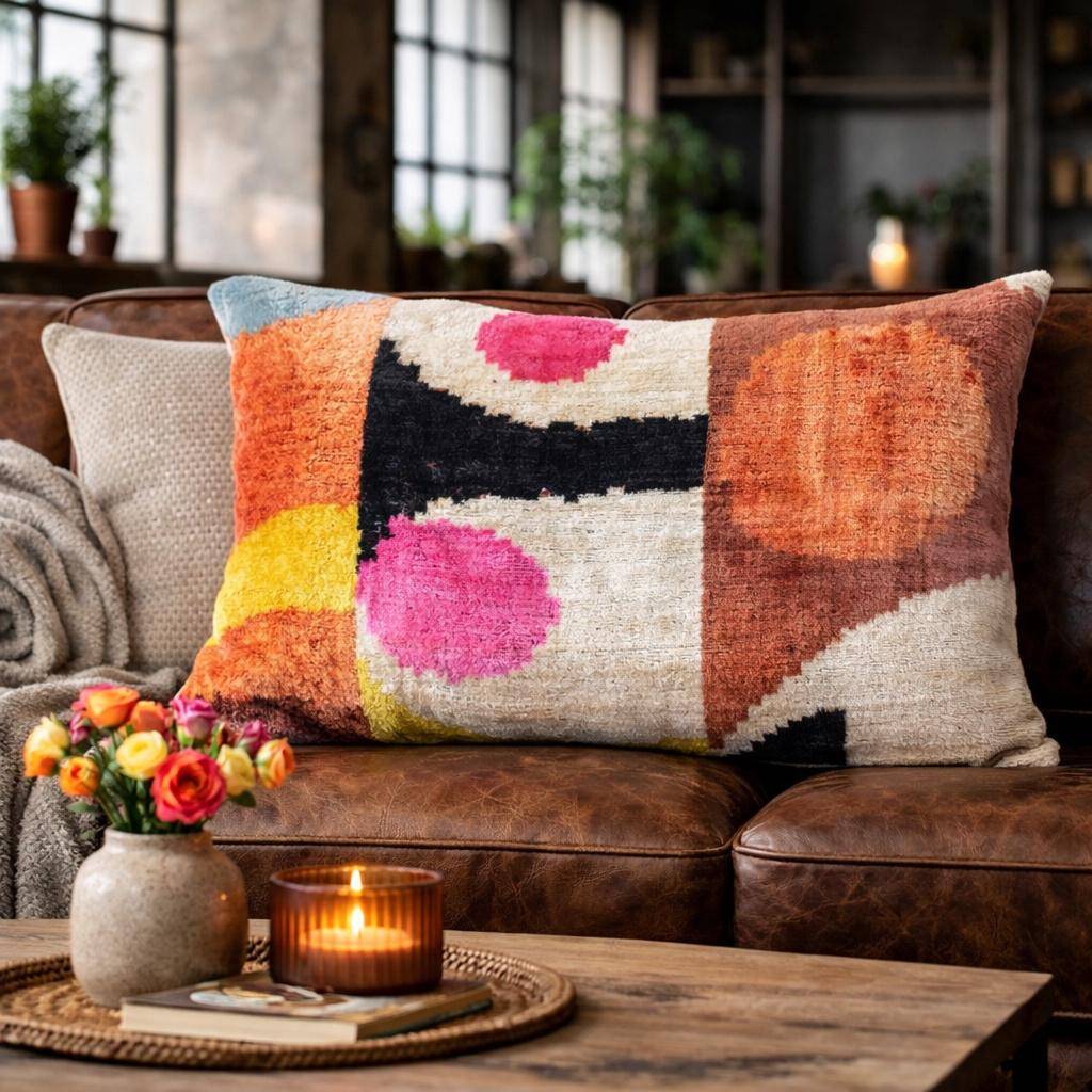 Kissenhülle 40 x 60 cm mit abstraktem Muster in warmen Farben wie Orange, Rosé, Gelb und Creme, Oberseite aus 100 % Seide