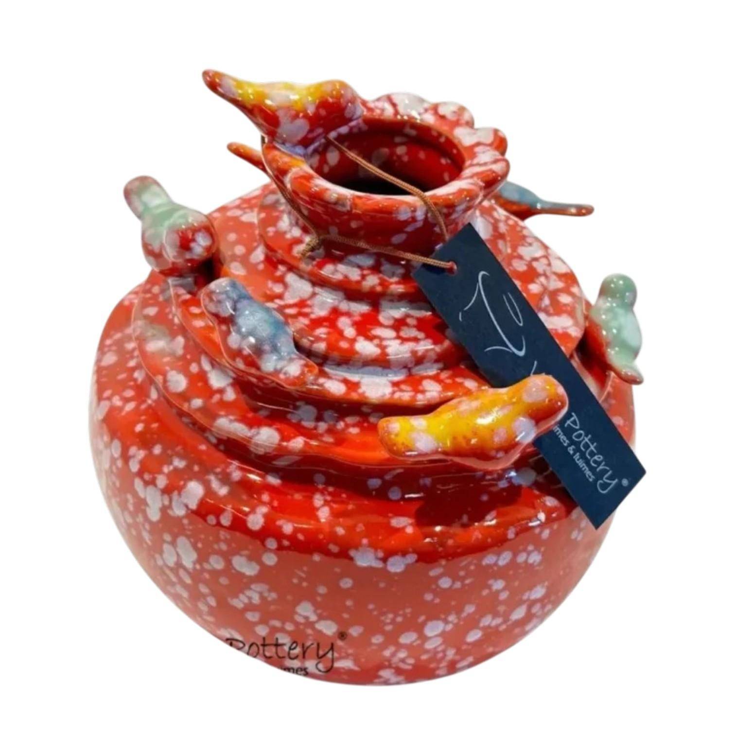 Luimes & Luimes Vase Lovely Birds in Rot Porzellan Designvase mit Vogel Dekor 17,5 x 17 x 17,4 cm