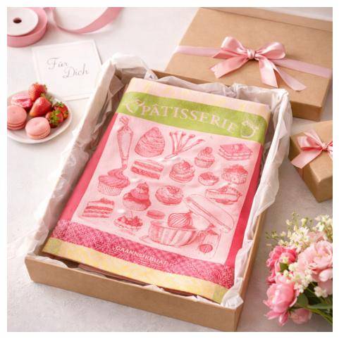 Garnier Thiebaut Geschirrtuch La Patisserie Rose als Geschenk verpackt