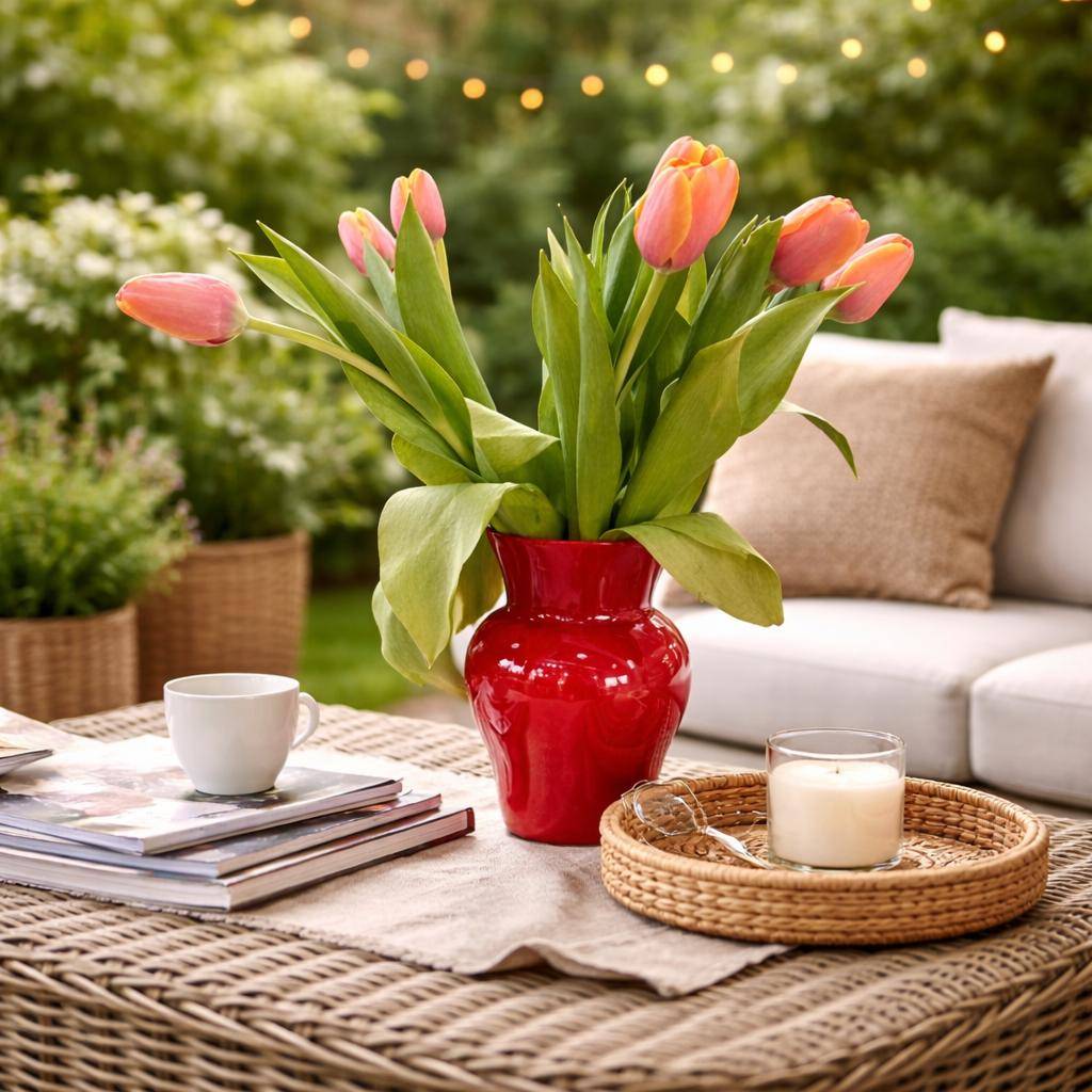 Rote Glasvase mit Tulpen auf Gartentisch