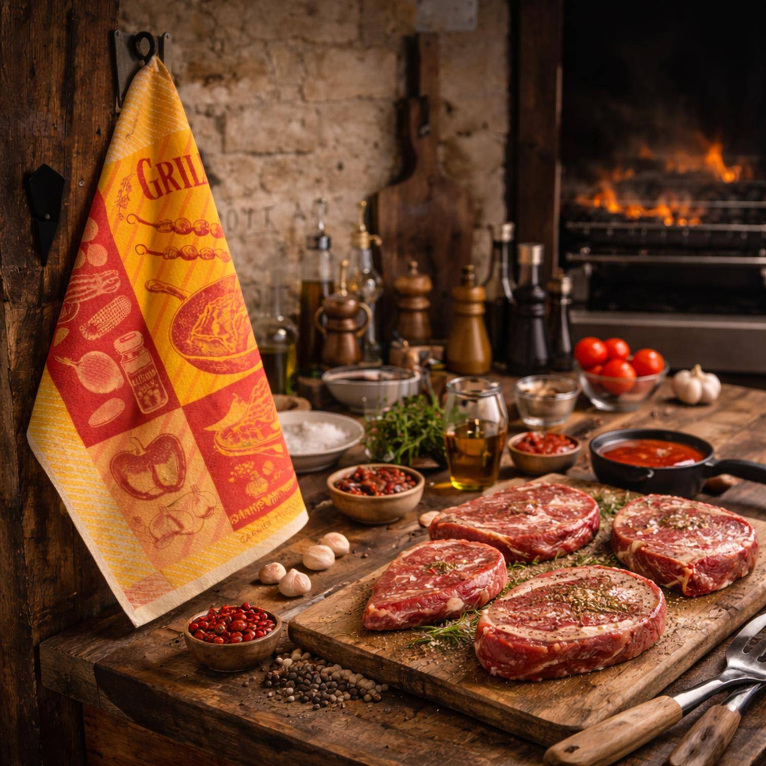 Geschirrtuch Le Grill Ketchup mit Grill, Fleisch und Gewürzillustrationen