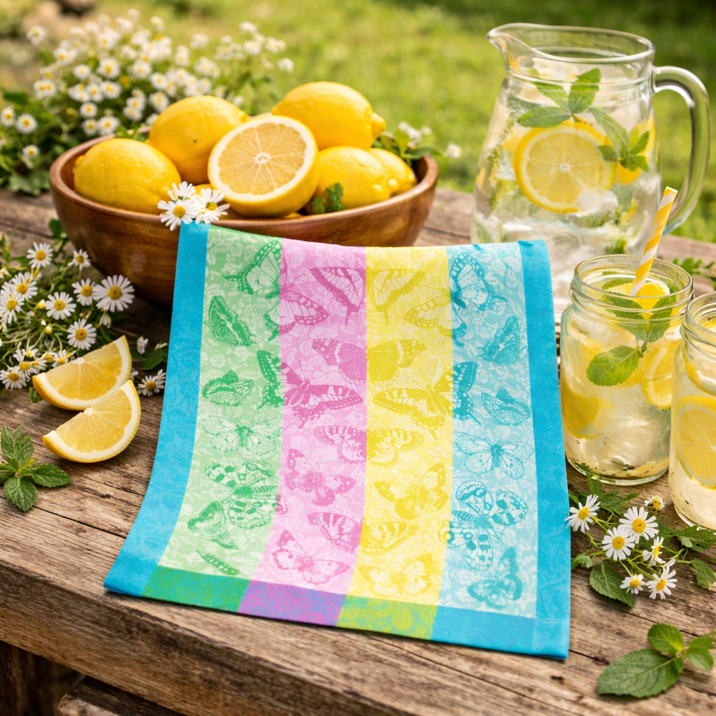 Buntes Geschirrtuch mit Schmetterlingsmuster auf rustikalem Holztisch neben Holzschale mit Zitronen, Zitronenlimonade und Kamillenblüten - Beaux Papillons Aquatique