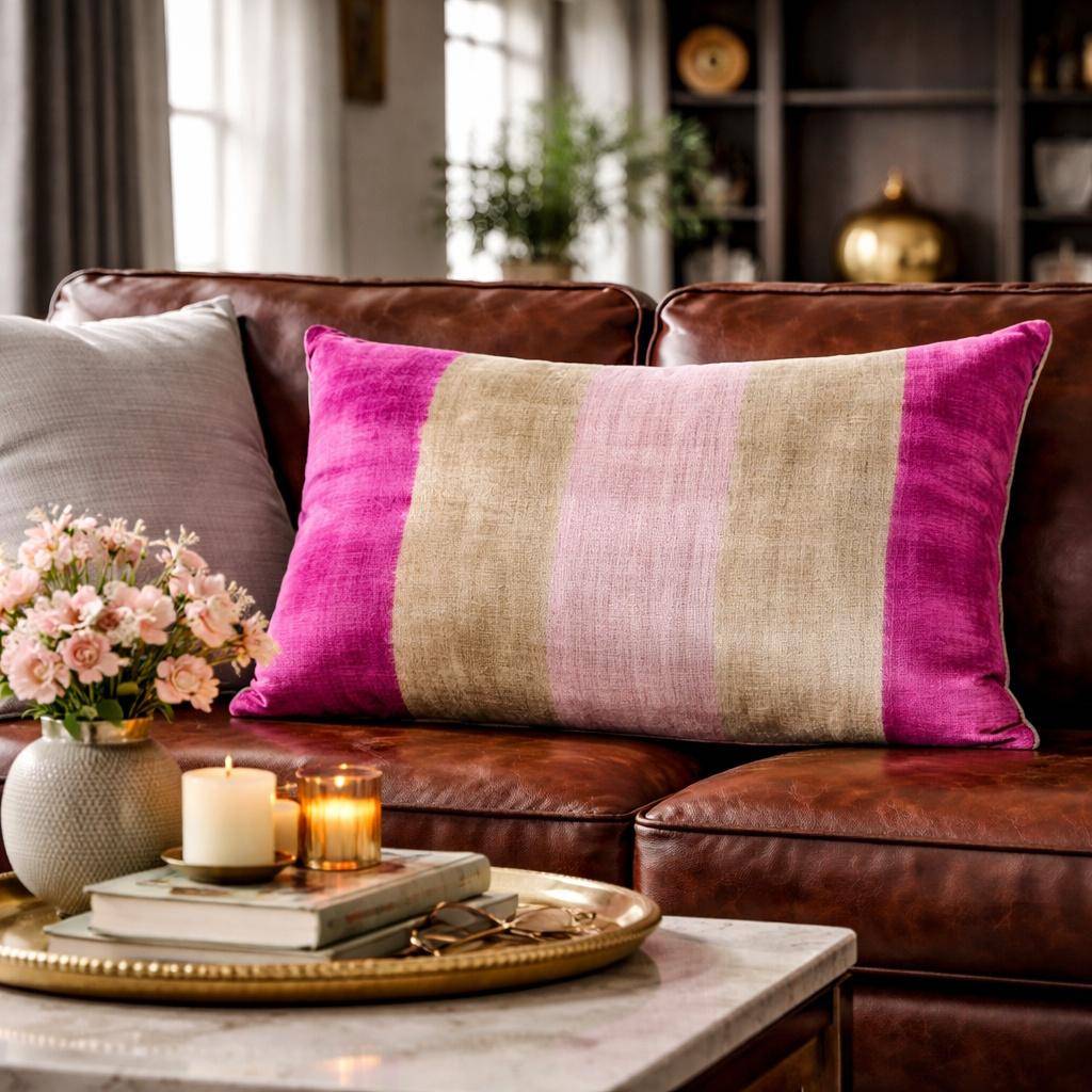 Kissenhülle 40 x 60 cm mit breitem Streifenmuster in Beere, Greige und Offwhite, Oberseite aus 100 % Seide auf Ledersofa im Wohnraum