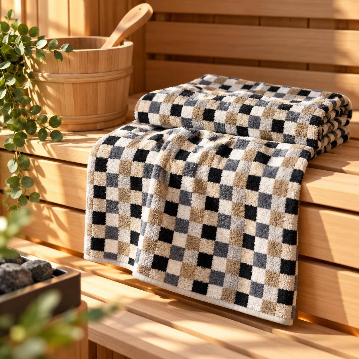 Cawö Frottiertuchserie Lifestyle Karo Kiesel 7047 Col. 37 Saunatuch 70 x 180 cm