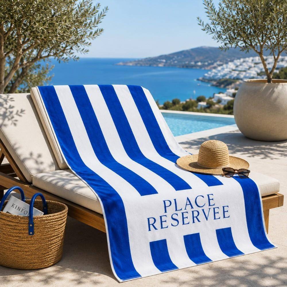 Sunset BV Strandtuch Place Reservee Mykonos Blau 100 x 200 cm auf einer Sonnenliege am Pool mit mediterranem Meerblick