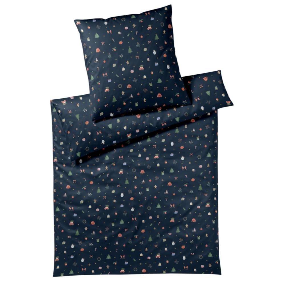 Elegante Mako-Satin Bettwäsche Christmas Treats Blau mit bunten Weihnachtsmotiven auf dunkelblauem Grund