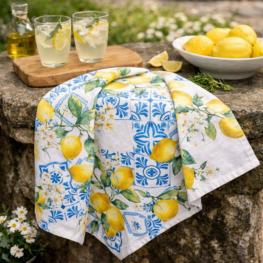Geschirrtuch Citrons Azulejos Bleu mit Zitronenmotiv und blauen Azulejo-Ornamenten auf rustikalem Steintisch neben Zitronen und Zitronenlimonade