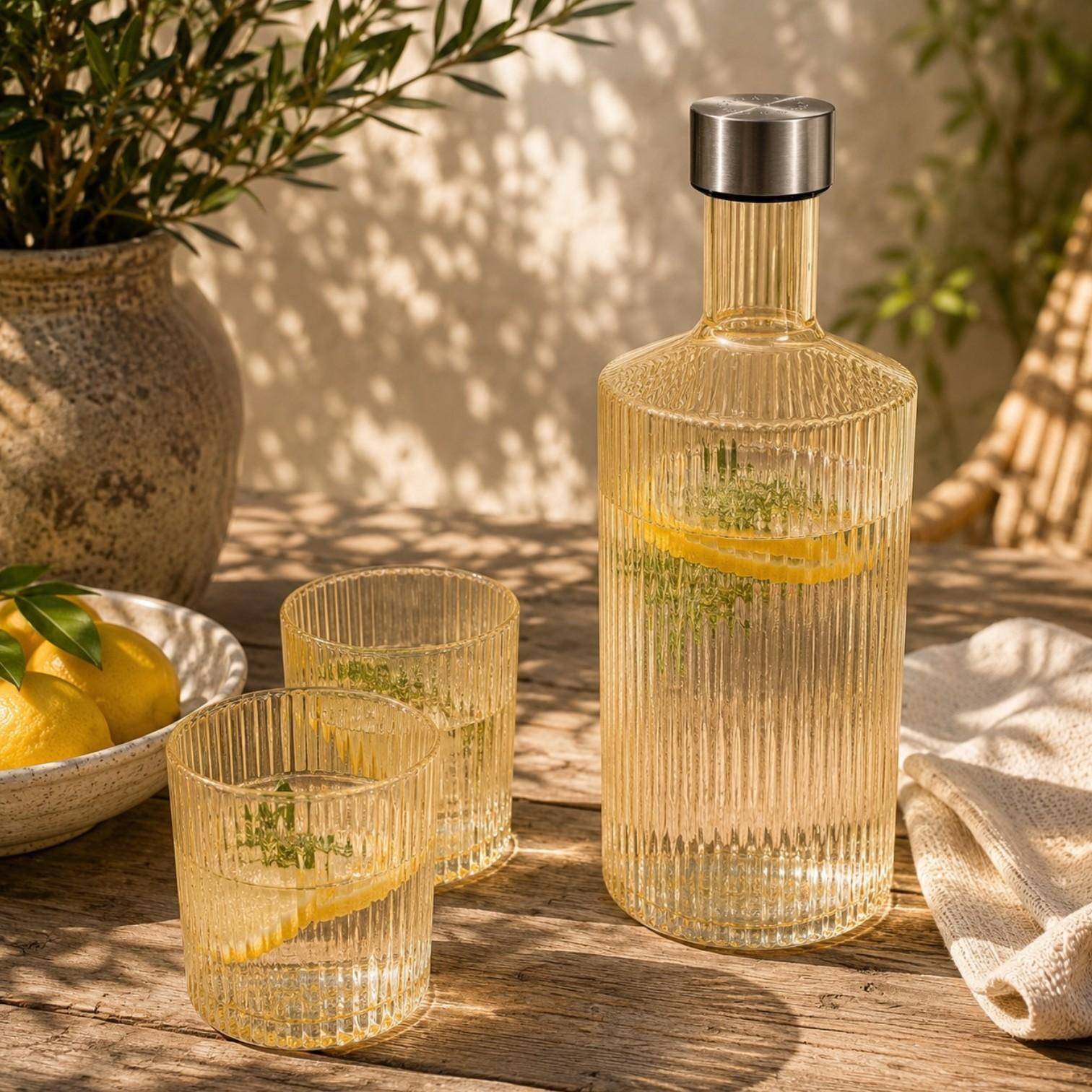 Paveau Ribbed Wasserflasche mit passenden Ribbed Gläsern auf einem sommerlich gedeckten Tisch im mediterranen Ambiente.