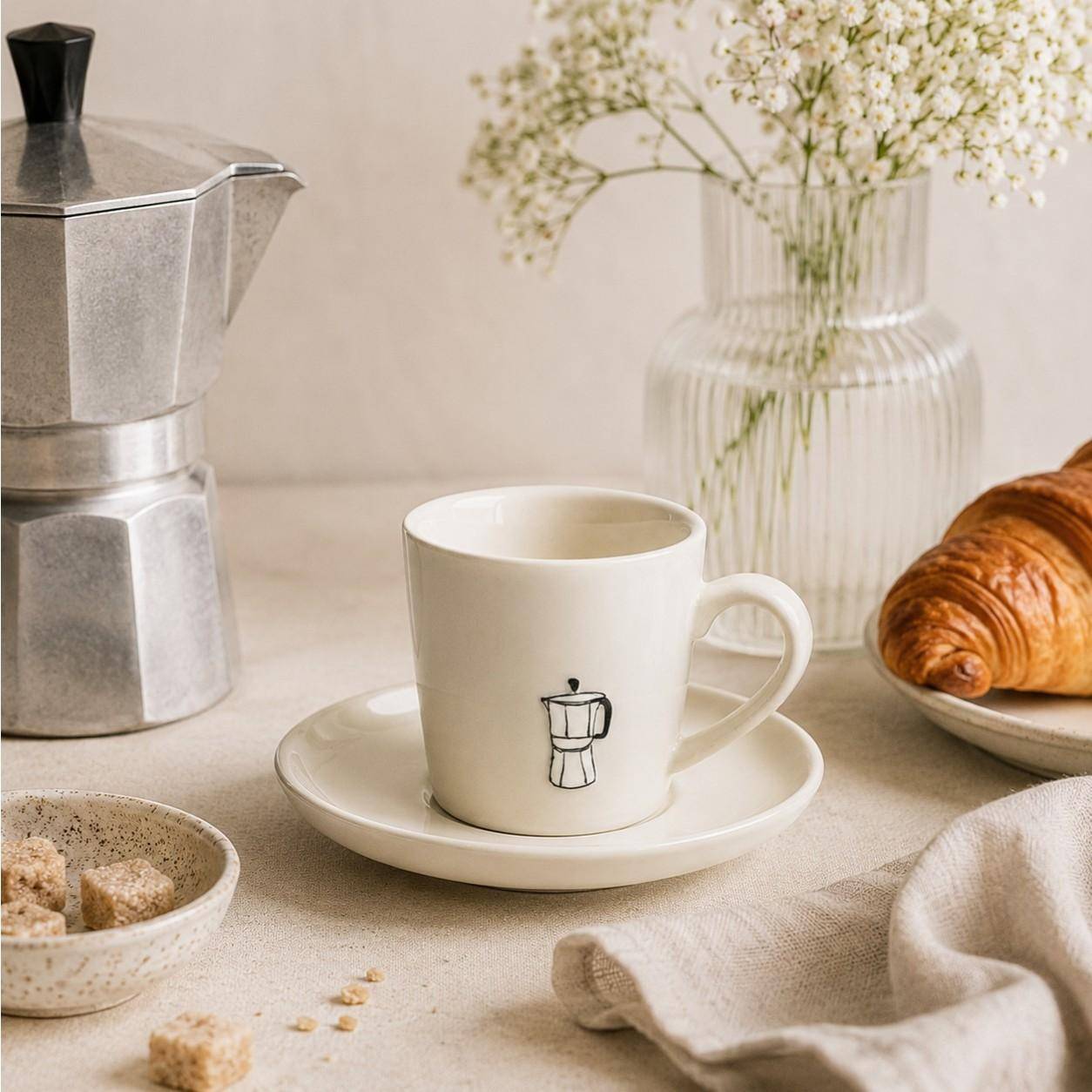 Tranquillo Espressotasse Brunettea aus Steinzeug mit handillustriertem Espressokocher-Motiv in gemütlicher Frühstücksszene