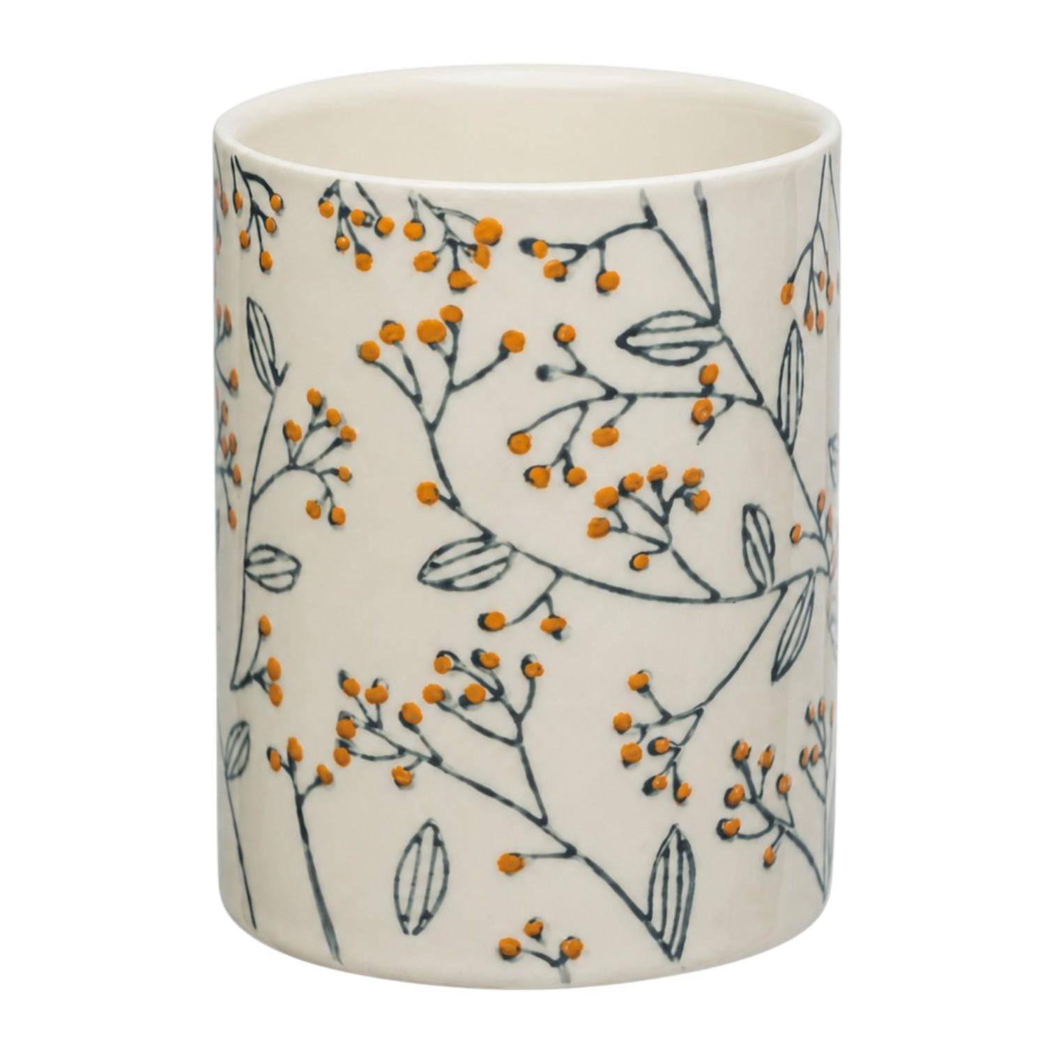 Tranquillo ROMANTIC Zahnbürstenhalter aus Steinzeug mit handgestempeltem floralem Muster in Blau und Orange für ein stilvolles Badezimmer.