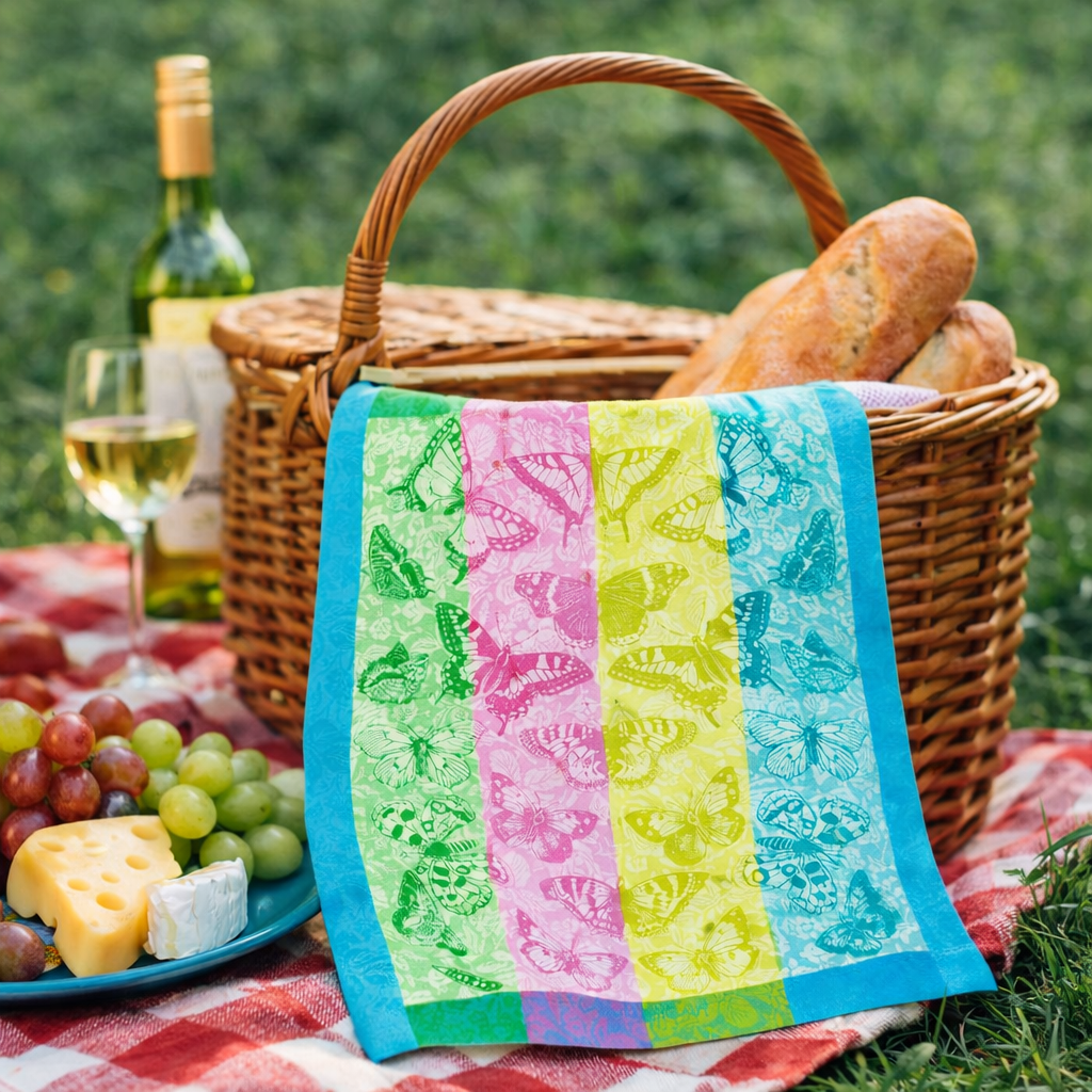 Buntes Geschirrtuch mit Schmetterlingsmuster hängt aus einem Picknickkorb auf einer Picknickdecke im Grünen mit Brot, Trauben und Käse - Beaux Papillons Aquatique