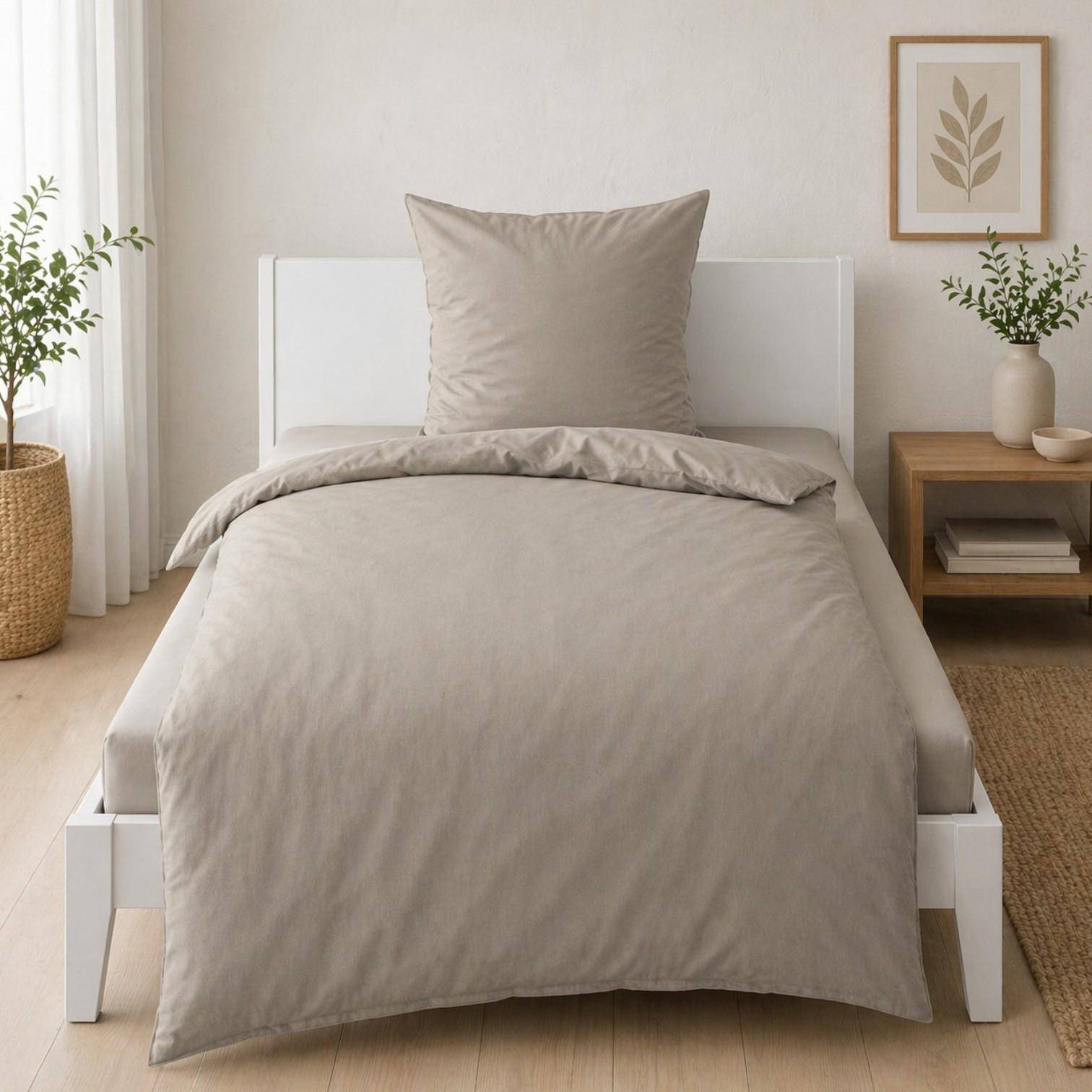 Bierbaum Wohnen Renforcé Bettwäsche Taupe Stone Washed im Schlafzimmer aus 100% Baumwolle