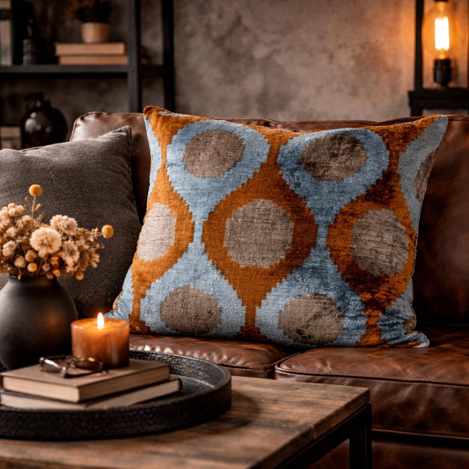 Quadratische Kissenhülle 50 x 50 cm mit grafischem Girlanden-Muster in Blau, Terra und Greige, Oberseite aus 100 % Seide