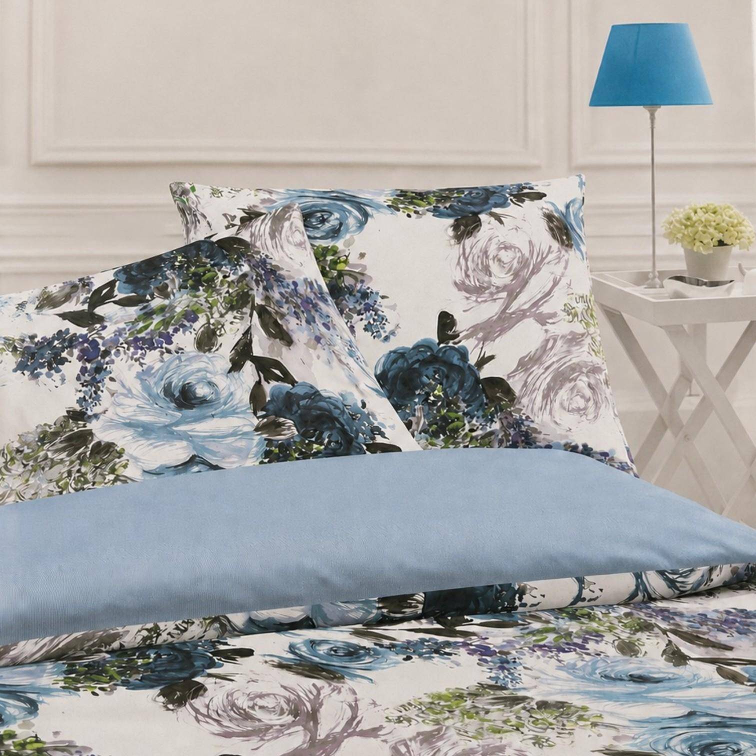 Yes Mako Satin Bettwäsche Flower in Azur 155 x 220 cm
