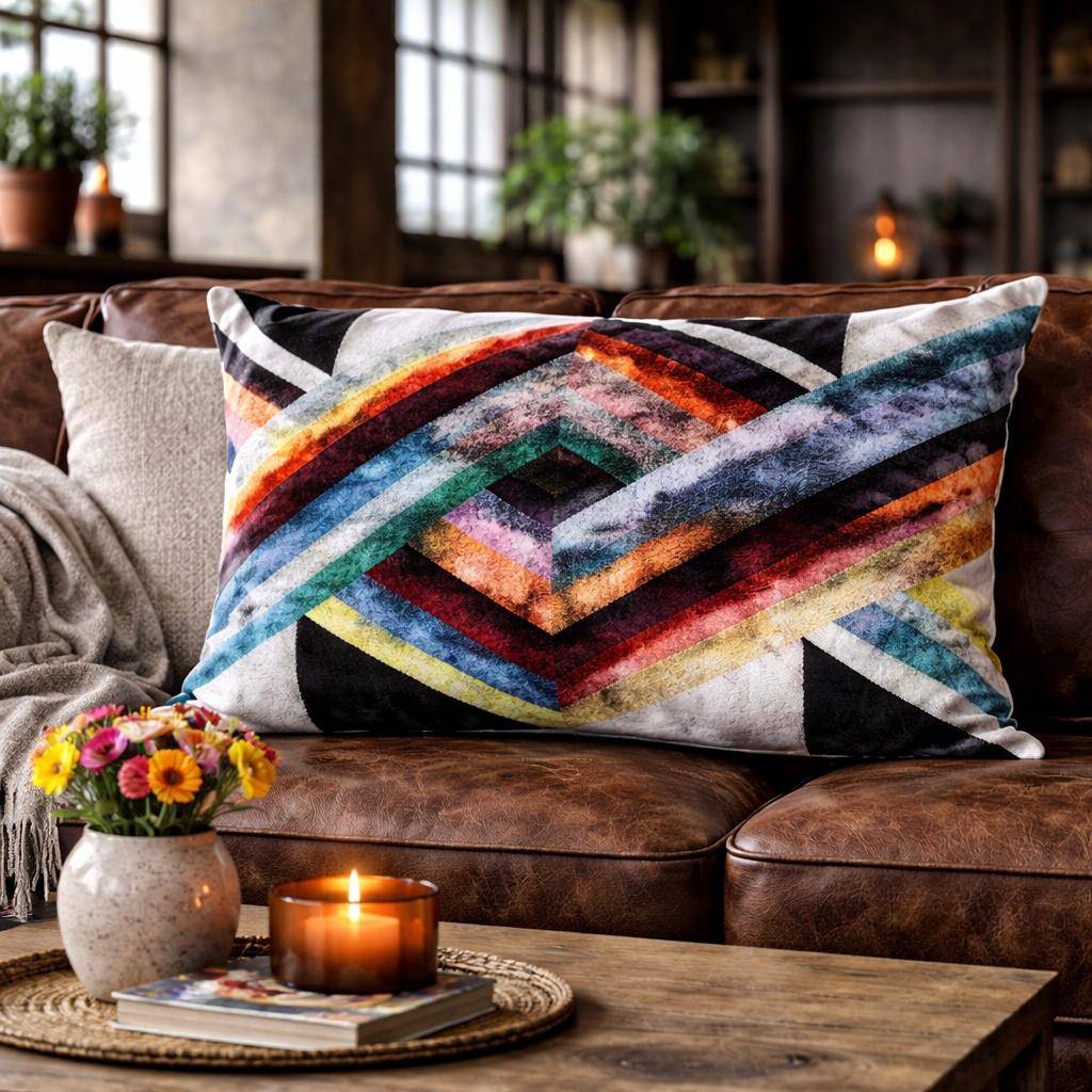 Kissenhülle 40 x 60 cm mit farbenfrohem geometrischem Muster und dynamischen Linien, Oberseite aus 100 % Seide