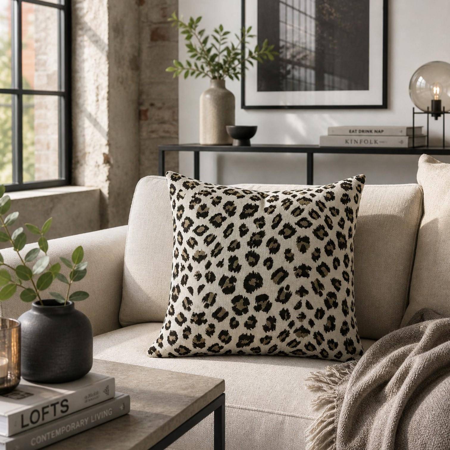 Kissenhülle Uhuru von Sander im Leo-Design in Taupe auf beigem Sofa im modernen Loft-Wohnzimmer