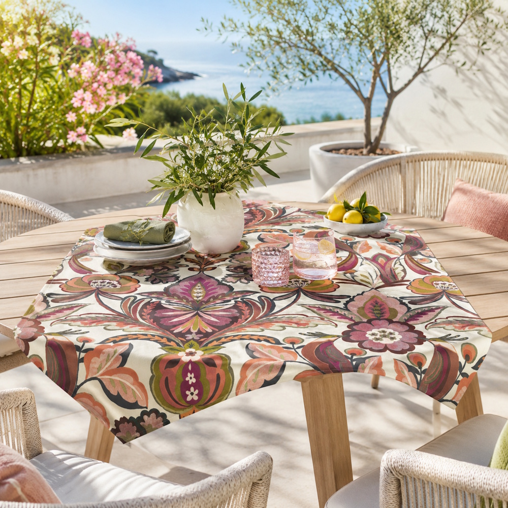 Sander table & home Mitteldecke mit floralem Muster auf modernem Gartentisch einer sonnigen Sommerterrasse mit mediterranem Ambiente