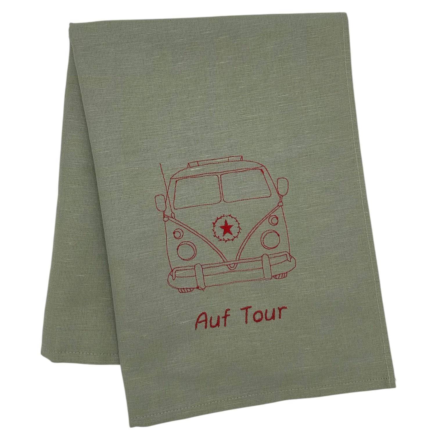 Geschirrtuch Bulli Auf Tour in Salbei Halbleinen mit roter Stickerei von Unikate und Kracht freigestellt