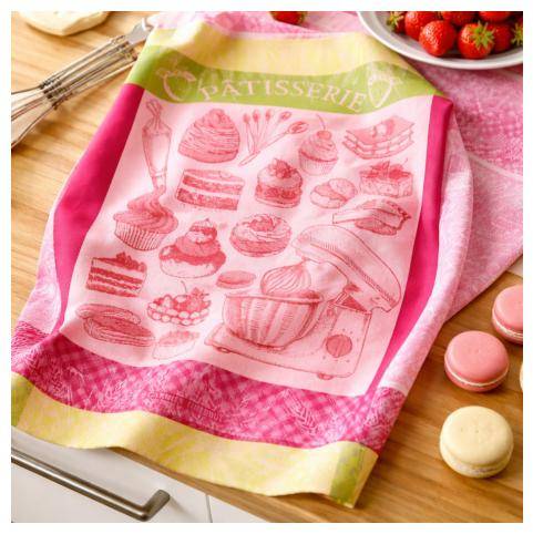 Garnier Thiebaut Geschirrtuch La Patisserie Rose mit französischen Backwarenmotiven wie Cupcakes, Torten und Macarons