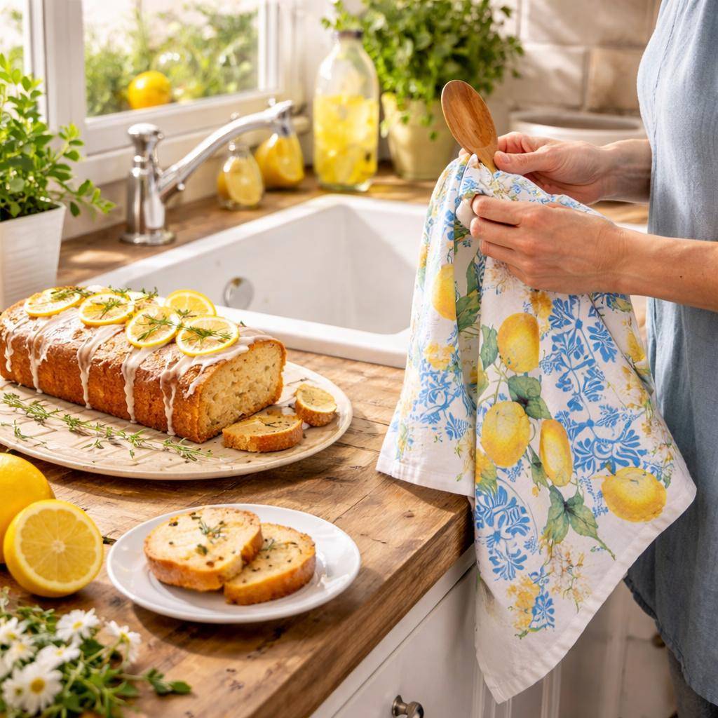 Geschirrtuch Citrons Azulejos Bleu mit Zitronenmuster wird in einer hellen Küche zum Abtrocknen eines Holzlöffels verwendet