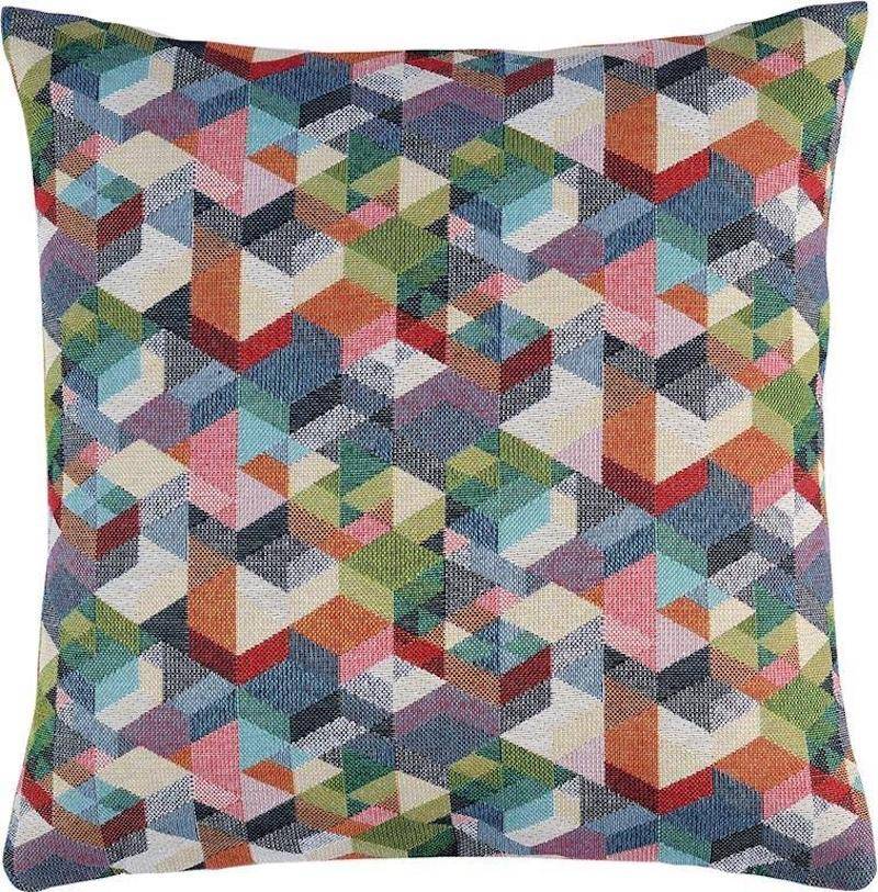 Quadratische Kissenhülle von Sander  mit modernem geometrischem Würfelmuster in Blau, Grün, Rot und Beige im 3D-Design