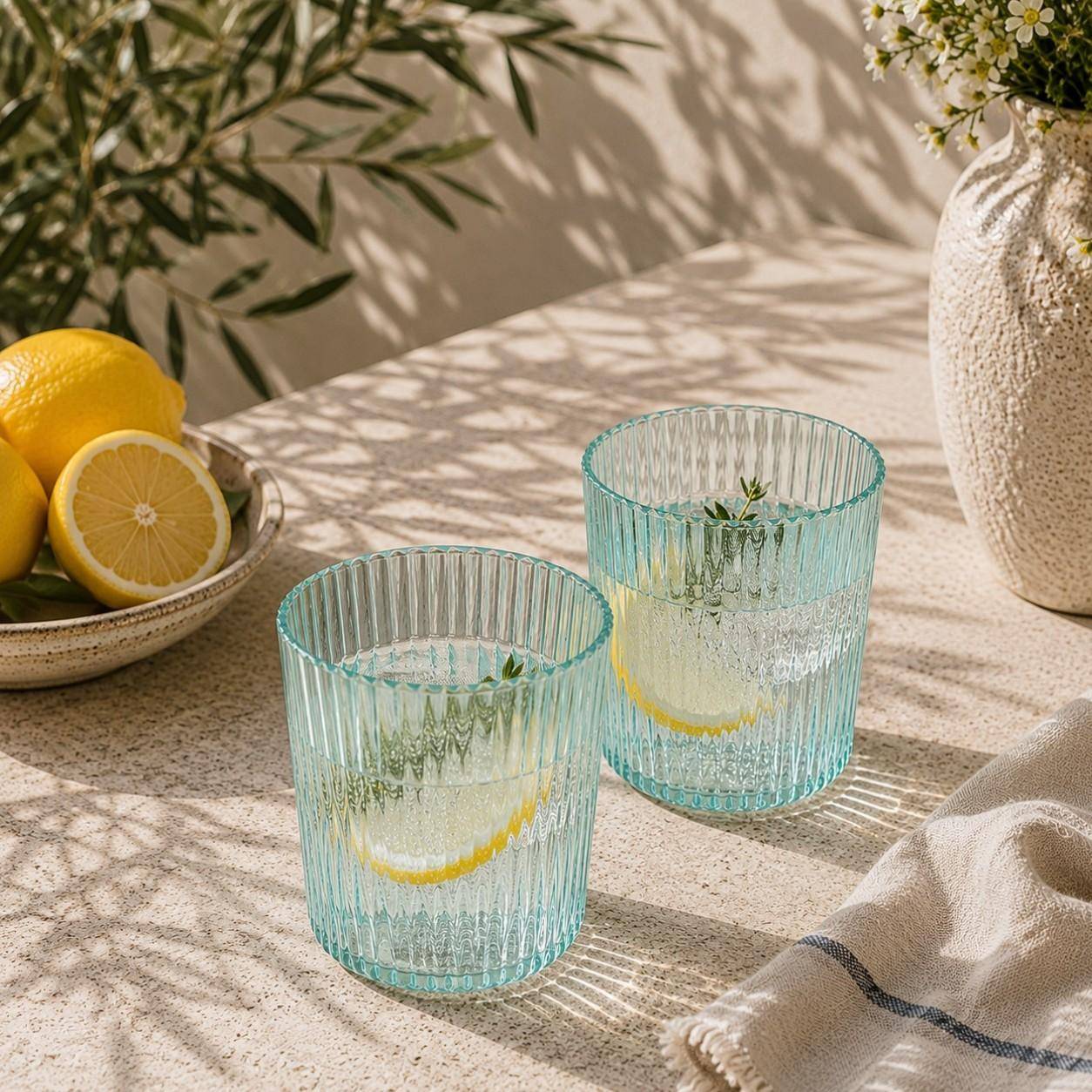 Paveau Ribbed Trinkgläser aus geriffeltem Glas stilvoll gedeckt auf einem sommerlichen Tisch mit Zitronen und Wasser