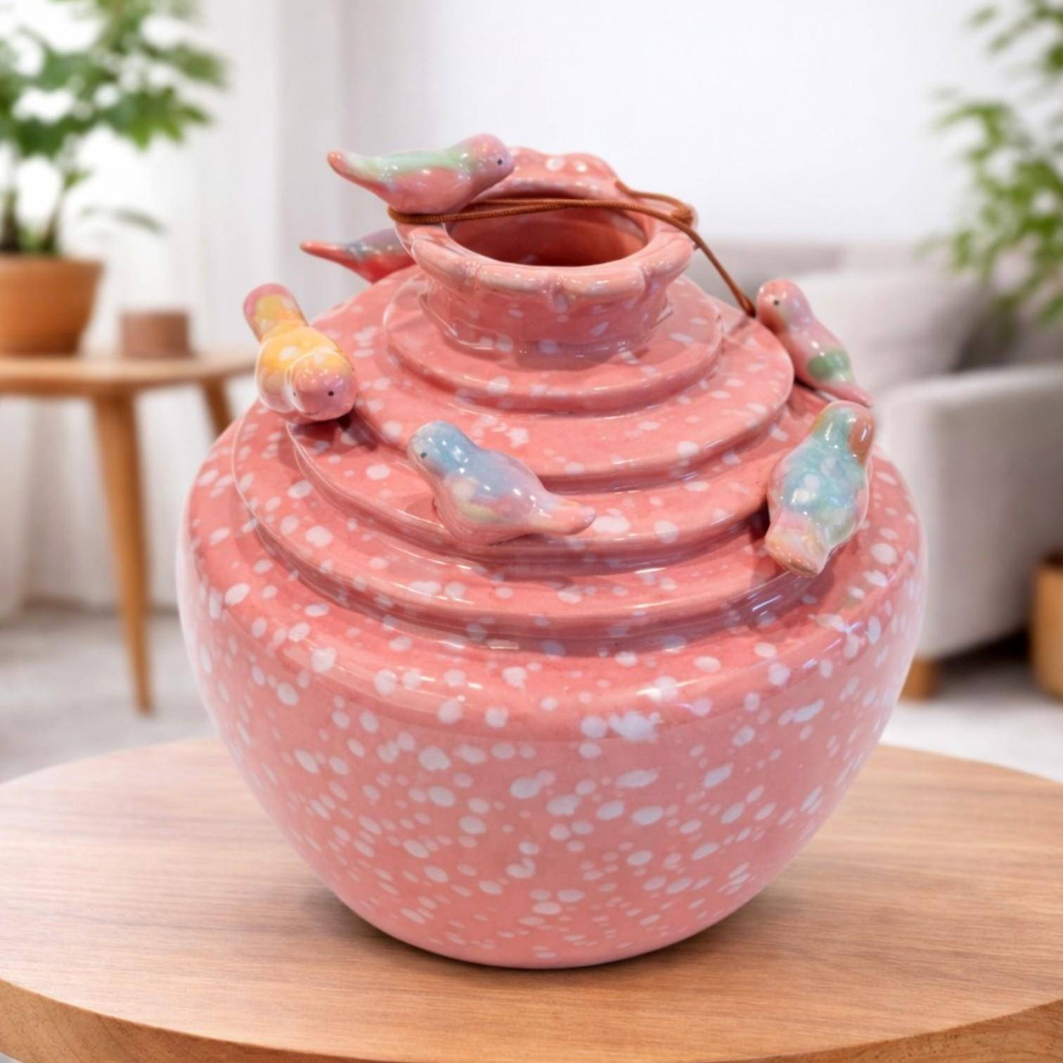 Luimes & Luimes Vase Lovely Birds in Pink Porzellan Designvase mit Vogel Dekor 17,5 x 17 x 17,4 cm