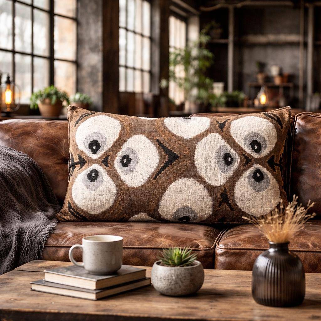 Seiden-Kissenhülle 40 x 60 cm mit grafischem Augenmuster in Braun und Creme
