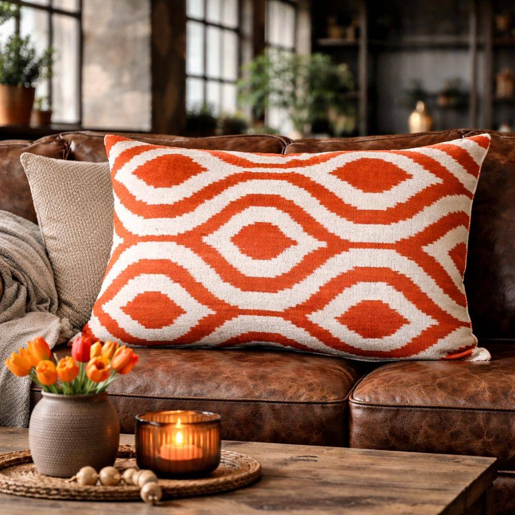 Kissenhülle 40 x 60 cm mit grafischem Wellenmuster in Orange und Offwhite, Oberseite aus 100 % Seide