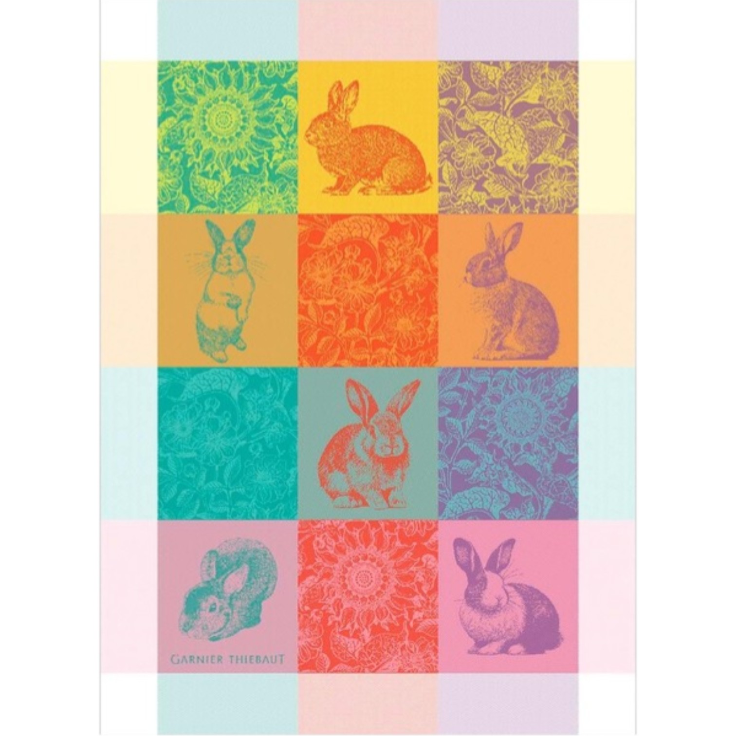 Garnier Thiebaut Geschirrtuch Les Lapins Printemps mit buntem Patchwork und Hasenillustrationen