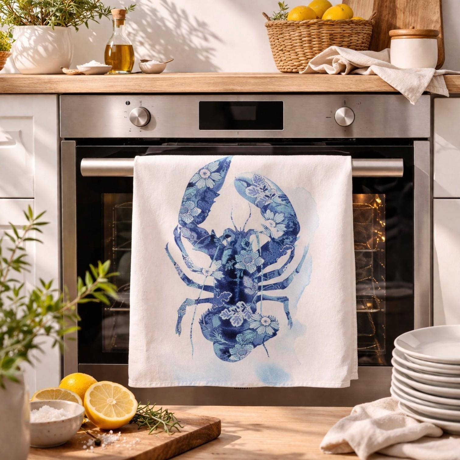 Pichler Geschirrtuch Marinus mit Lobster Motiv aus Baumwolle dekorativ an Ofentür in moderner Küche