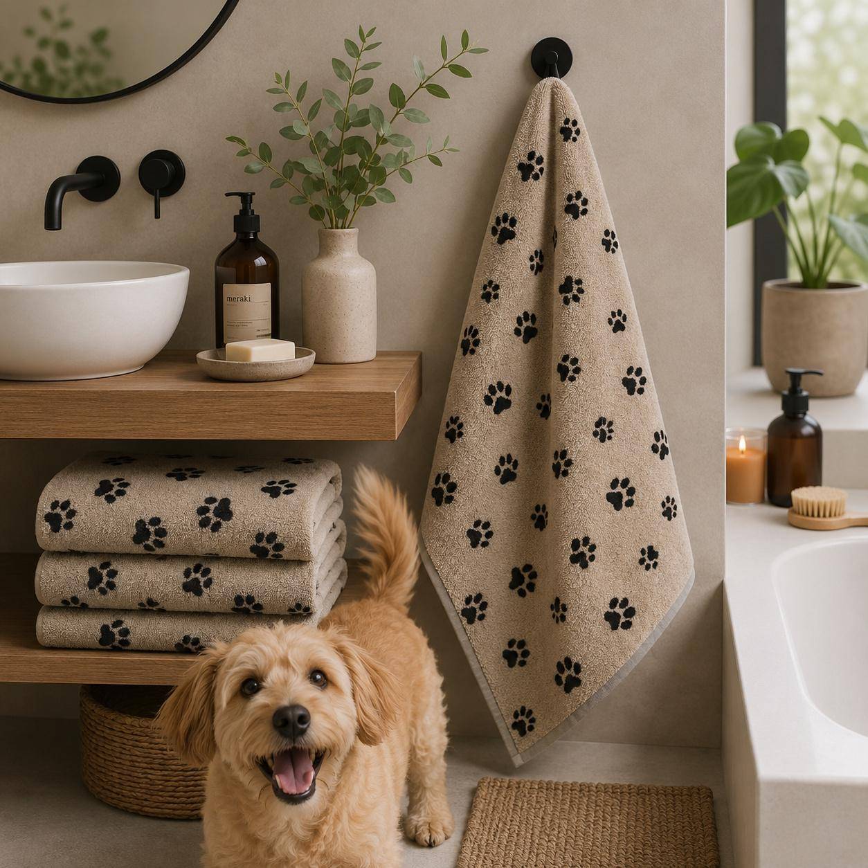 Cawö Frottiertuchserie We love Dogs Pfötchen Schwarz Duschtuch mit kleinen Schönheitsfehlern