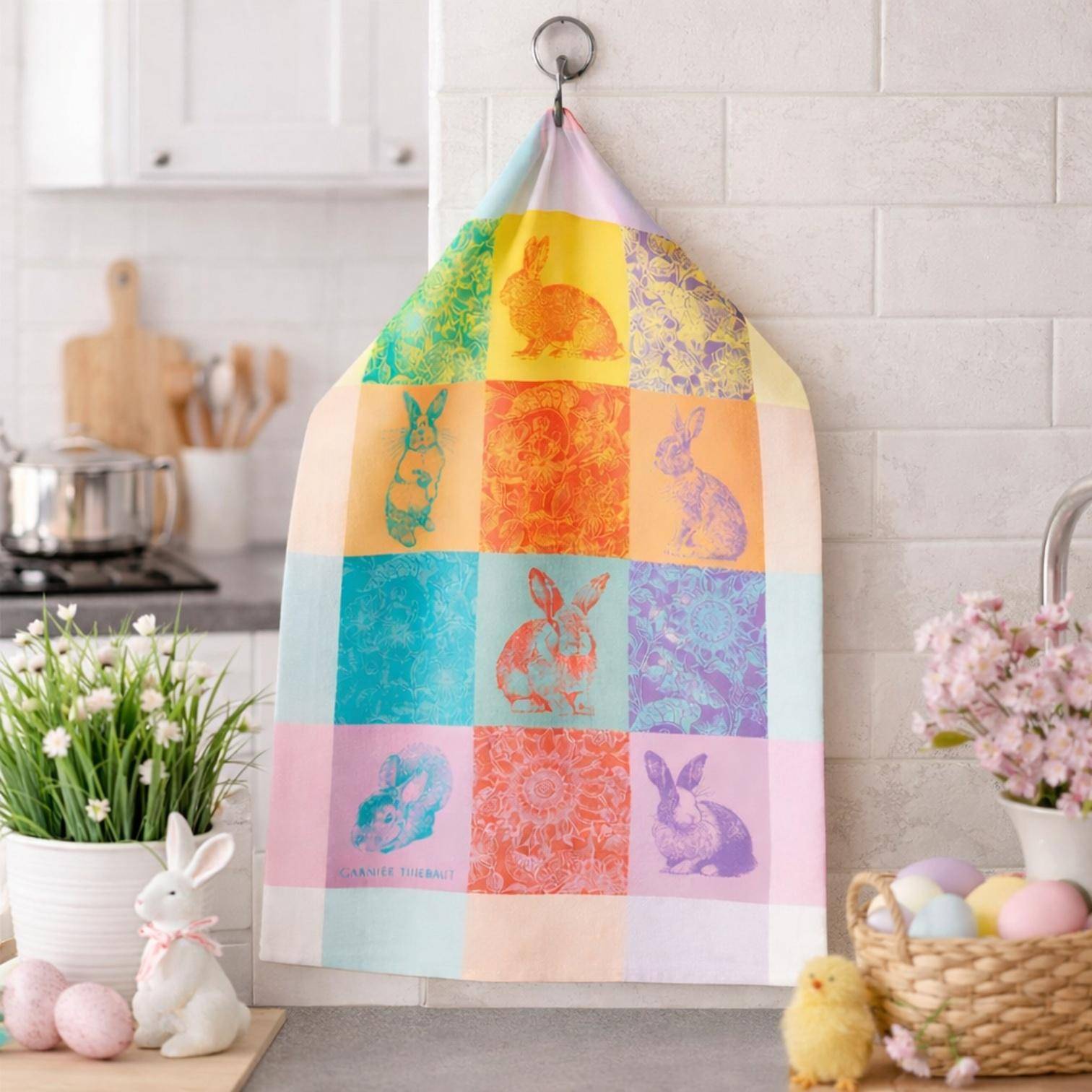 Dekoratives Küchentuch Les Lapins Printemps von Garnier Thiebaut in heller Küche mit frühlingshaften Farben