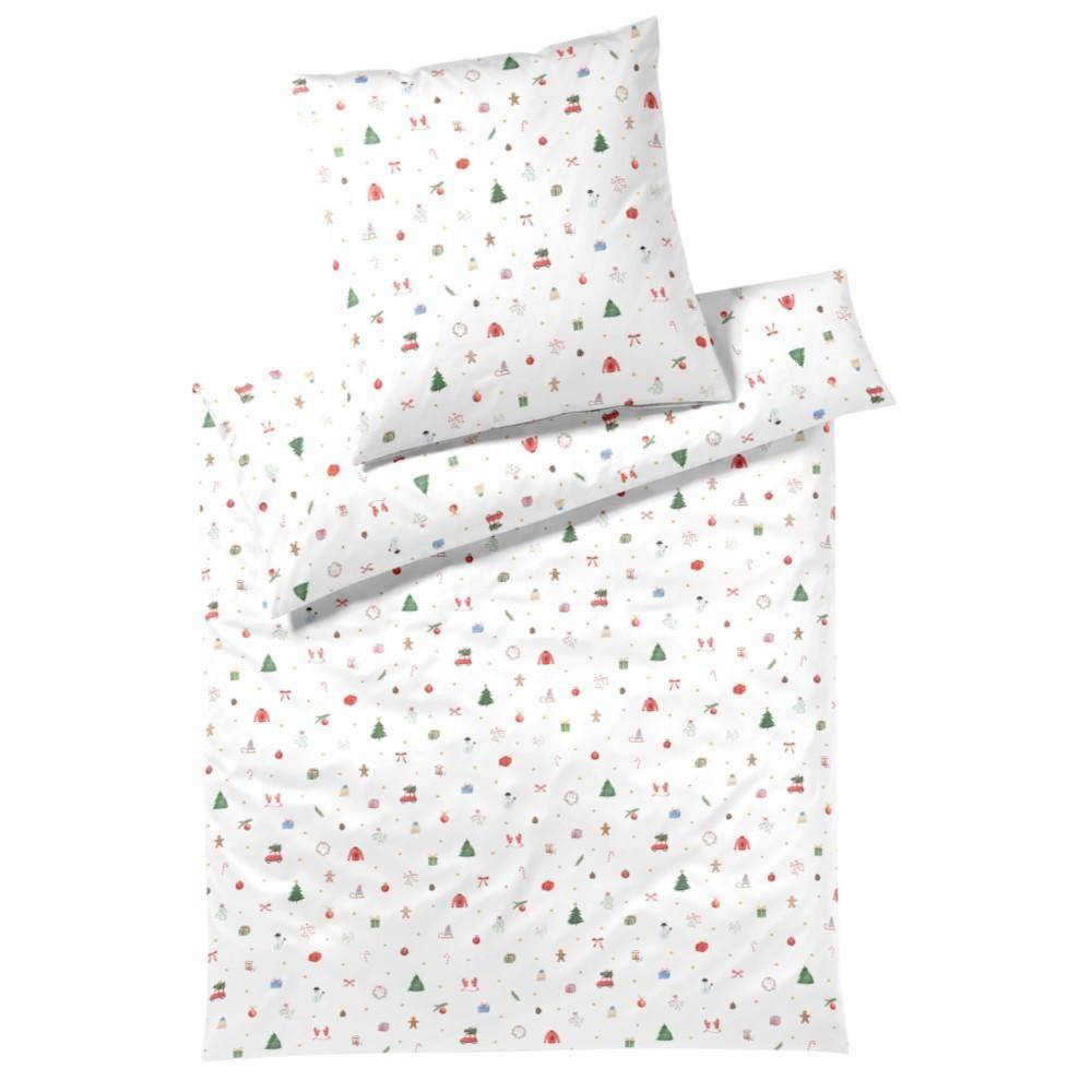Elegante Mako-Satin Bettwäsche Christmas Treats Weiß mit kleinen farbigen Weihnachtsmotiven