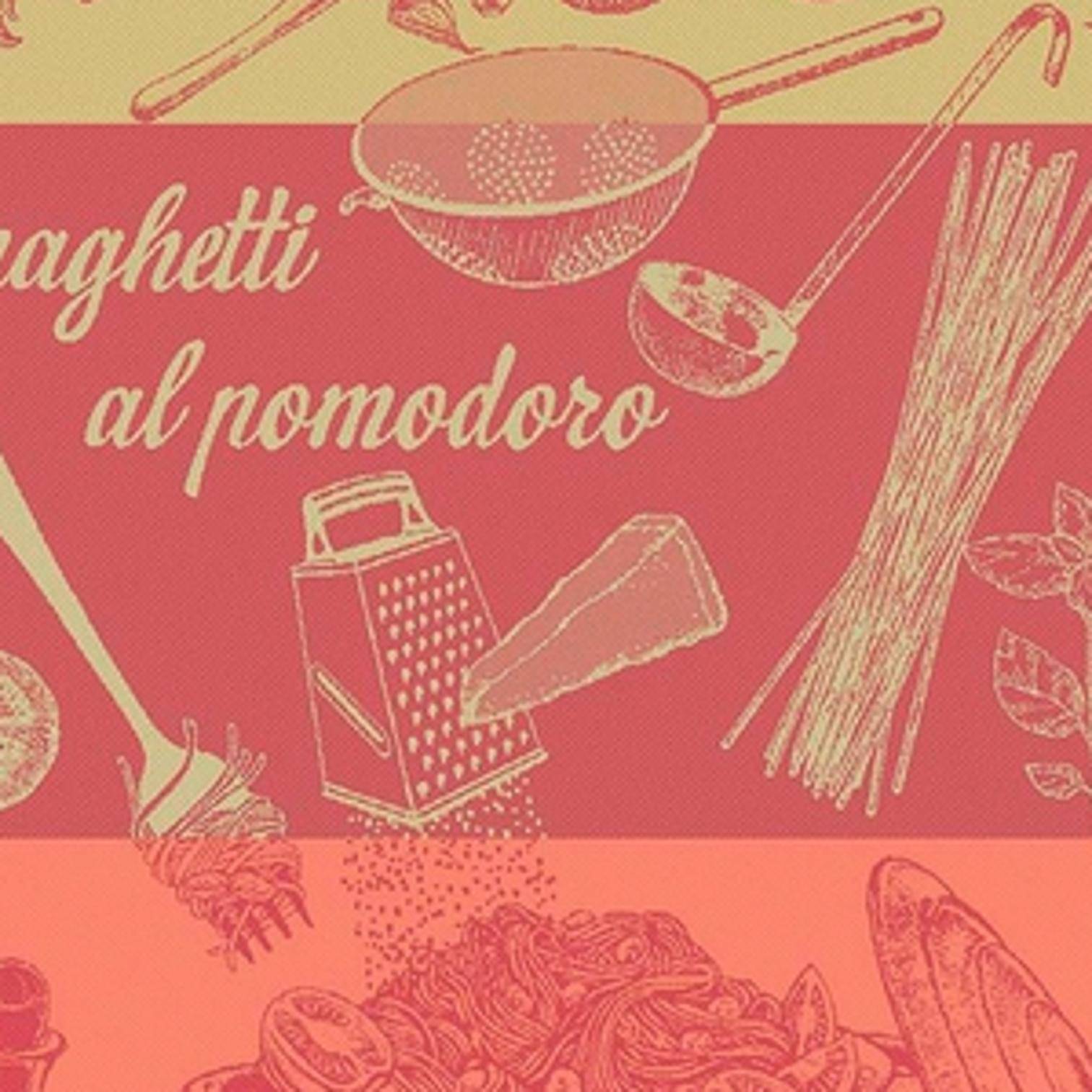 Detailaufnahme Garnier Thiebaut Küchentuch Spaghetti Pomodoro Basilic mit Pasta Illustrationen