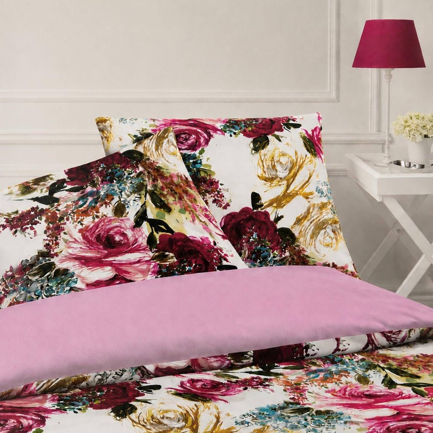 Yes Mako Satin Bettwäsche Flower Beere 155x220 cm – Florale Bettwäsche
