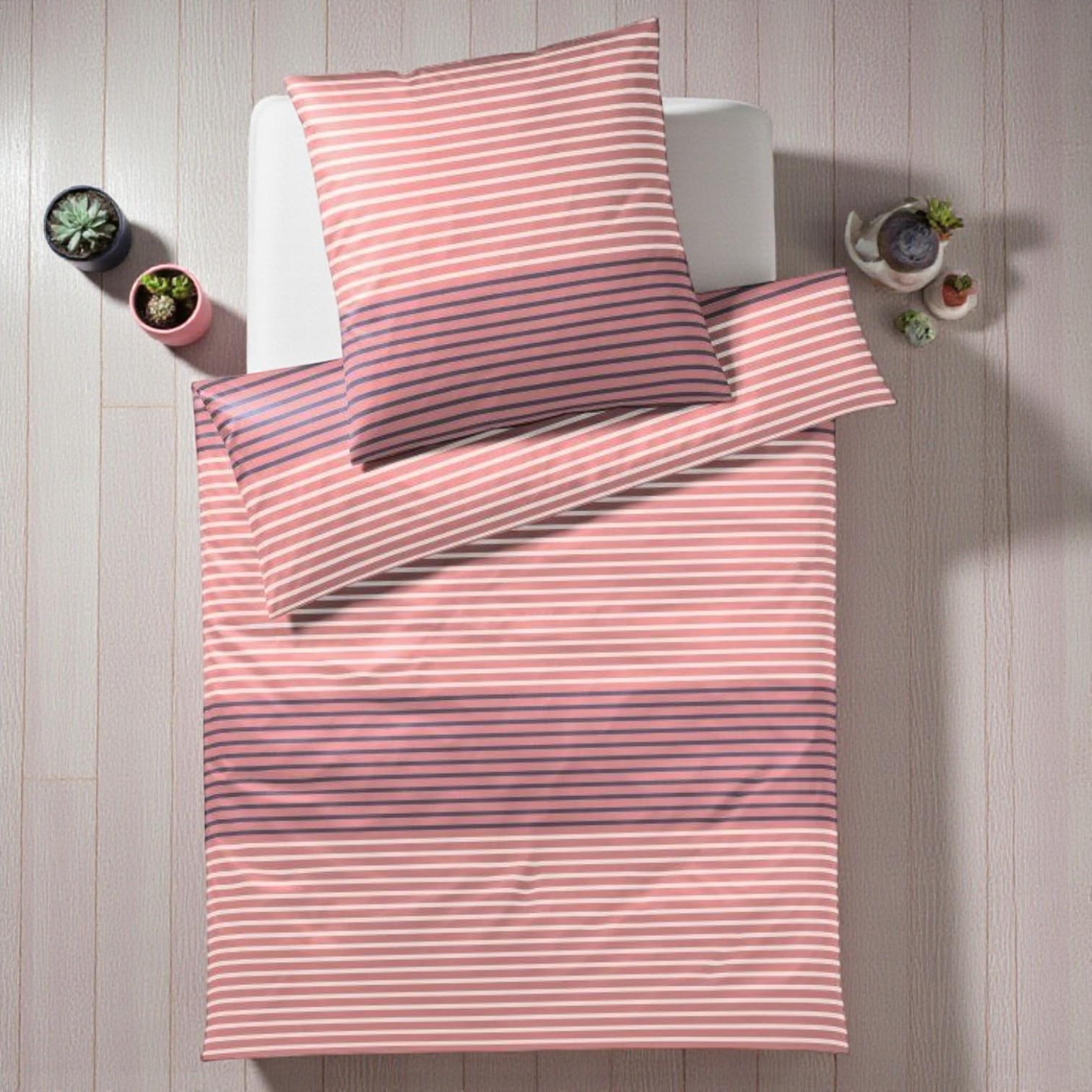 Elegante Baumwollsatin Bettwäsche Seastripe Koralle 135 x 200 cm