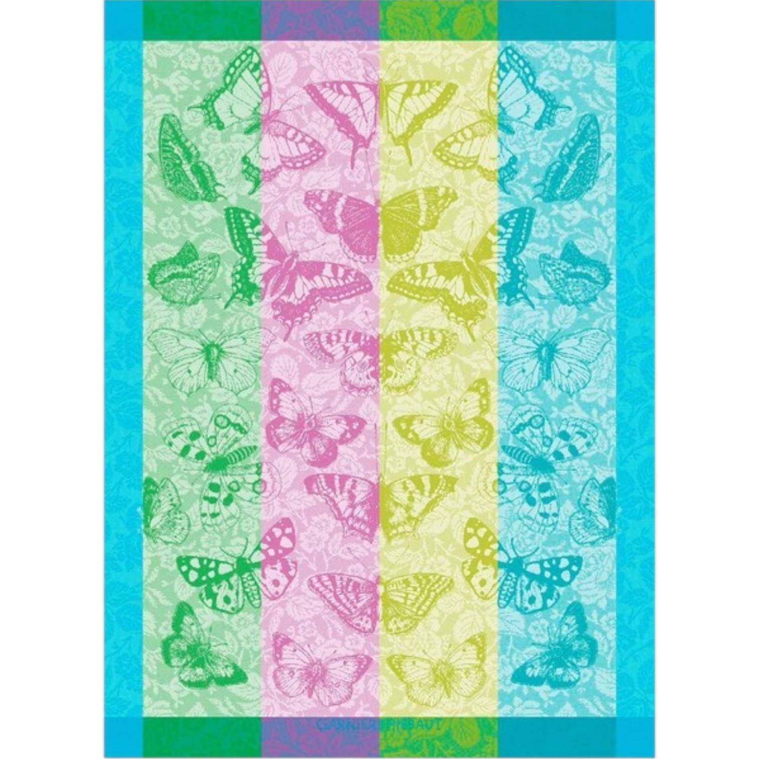 Buntes Geschirrtuch mit Schmetterlingsmuster in Grün, Pink, Gelb und Blau auf weißem Hintergrund - Beaux Papillons Aquatique