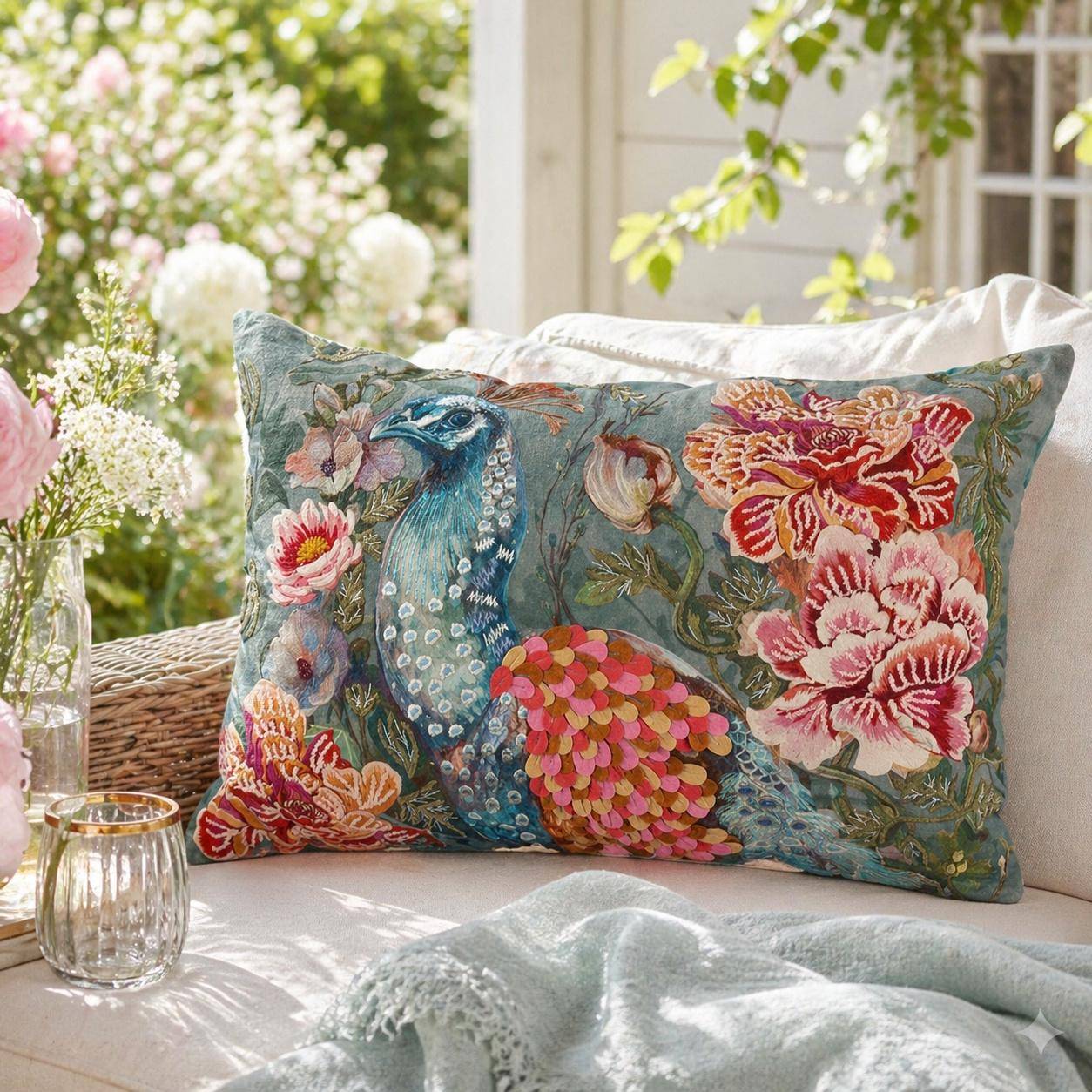 Kissen Plume – Pfau Design mit Stickerei & floralem Look