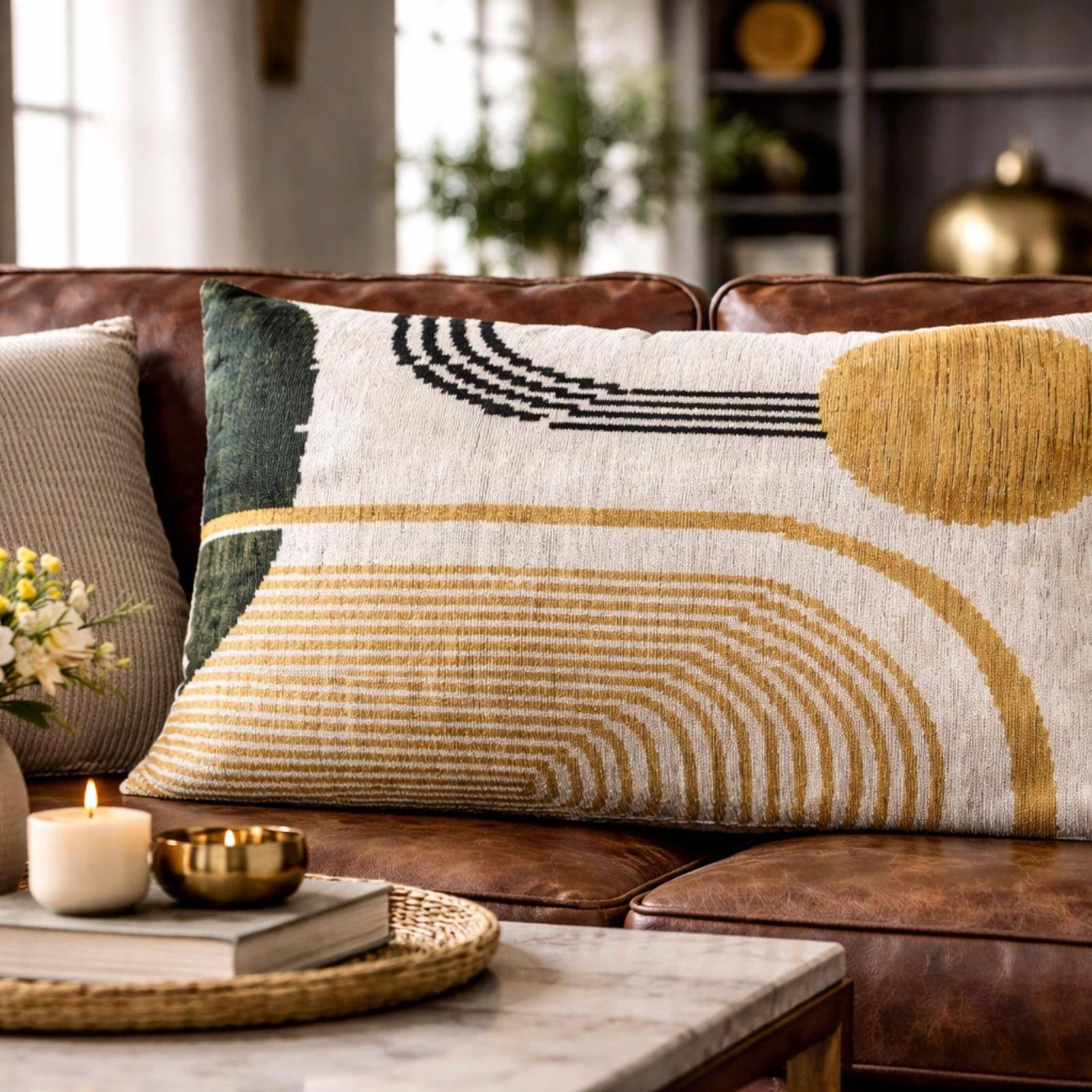 Kissenhülle 40 x 60 cm mit modernem geometrischem Muster in Gold, Schwarz und Offwhite, Oberseite aus 100 % Seide auf Ledersofa im Wohnraum