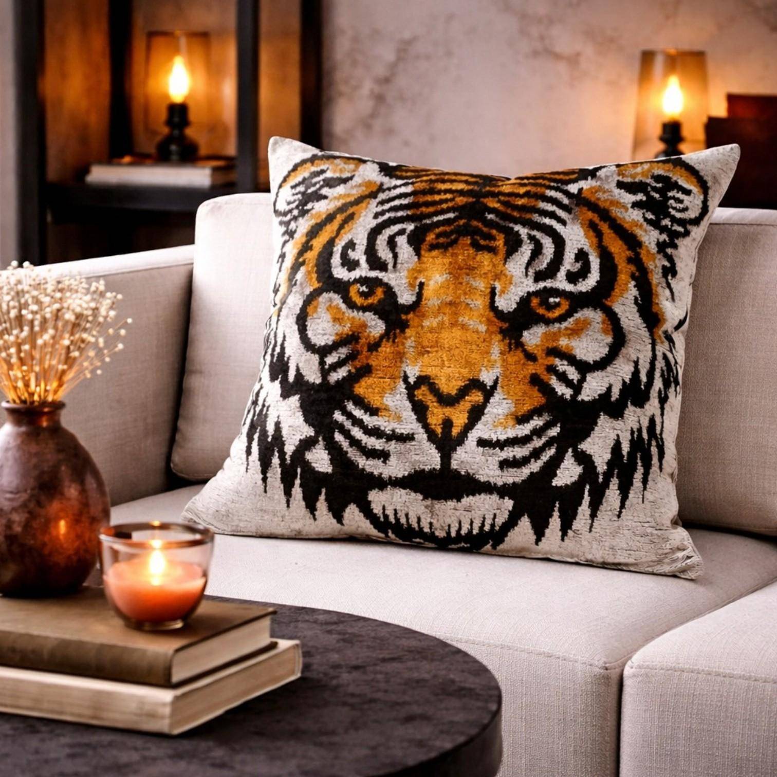 Thanks A LOT Kissenhülle Silk-Velvet Tiger Schwarz-Orange aus Seide im modernen Wohnzimmer auf Sofa mit Kerzen und Deko, edles Seidenkissen mit Tiger Motiv