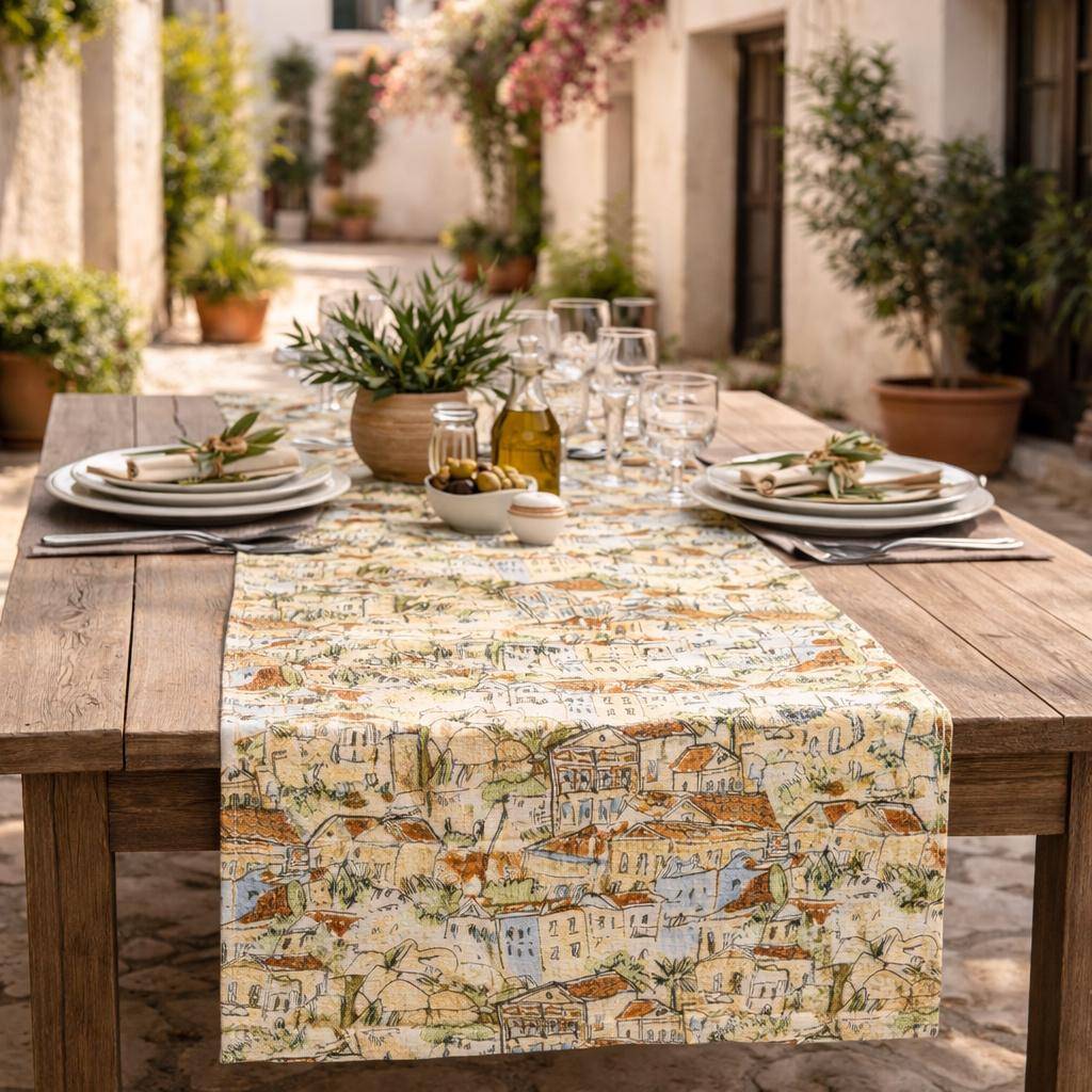 Sander Tischläufer Menorca – Mediterranes Design mit bunten Häusern