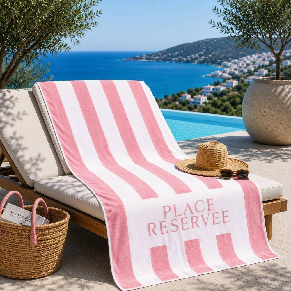 Sunset BV Strandtuch Place Reservee Pink Lemonade 100 x 200 cm auf einer Sonnenliege am Pool mit mediterranem Meerblick