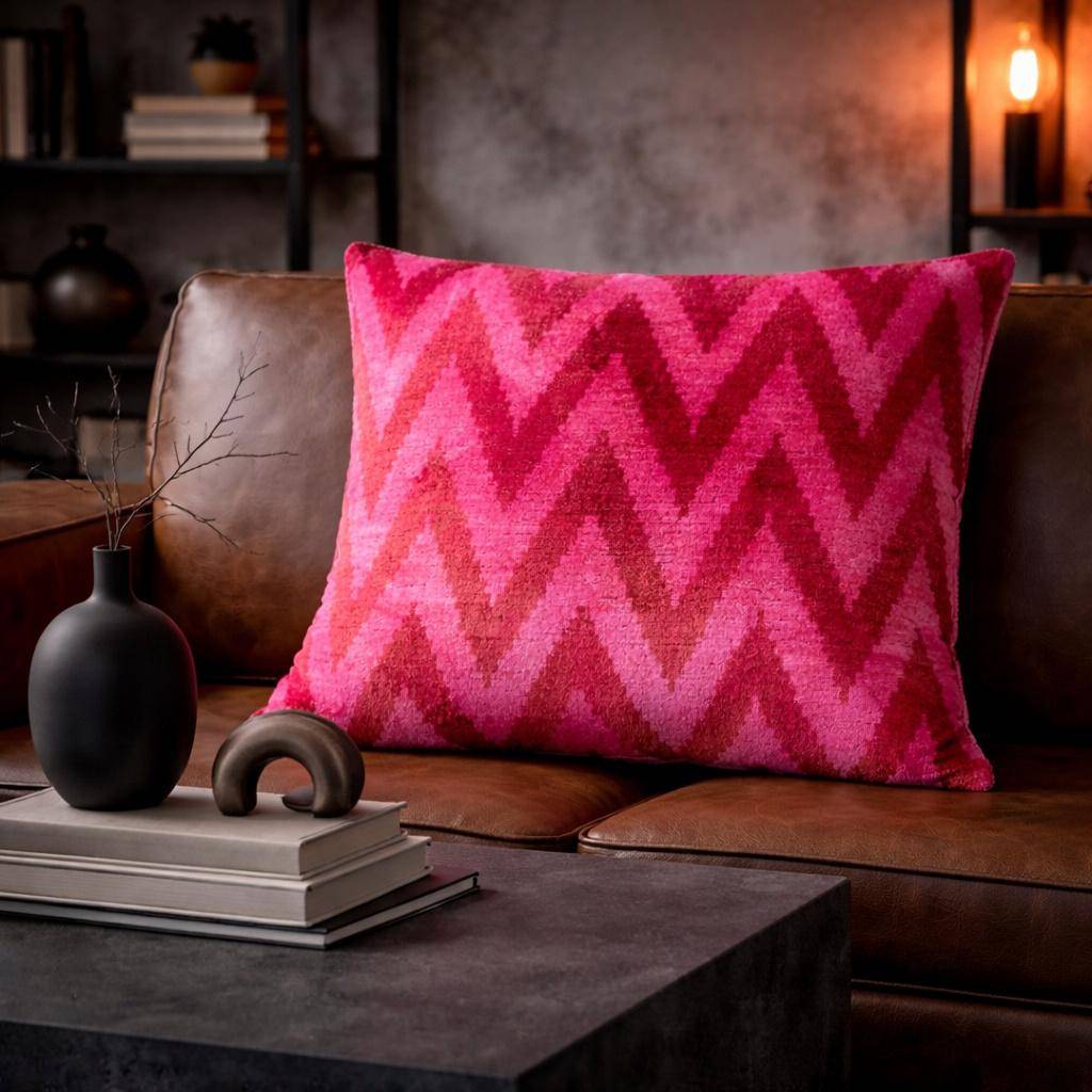 Thanks A LOT Kissenhülle 50 x 50 cm, Oberseite aus 100% Seide, zweifarbiges Zickzack-Muster in Pink und Rot 