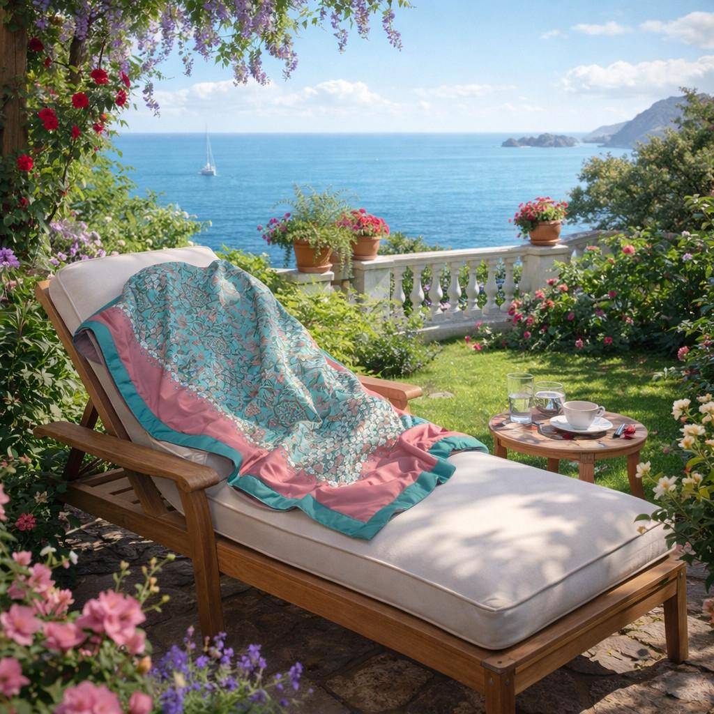 Bassetti Plaid Tigullio V1 Wohndecke in Aqua Rosa Pfirsich auf Garten Lounger im blühenden Garten mit Meerblick