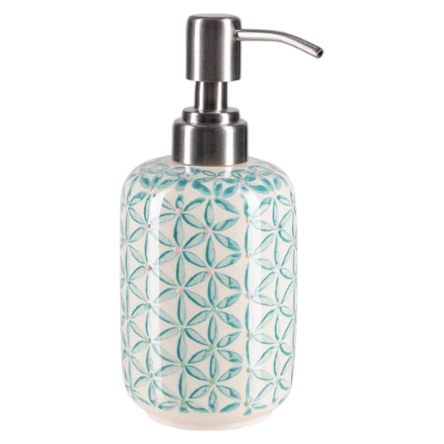 Tranquillo RETRO Seifenspender aus Steinzeug 300 ml in Türkis mit floralem Muster und Metallpumpe – dekoratives Badaccessoire für modernes Badezimmer