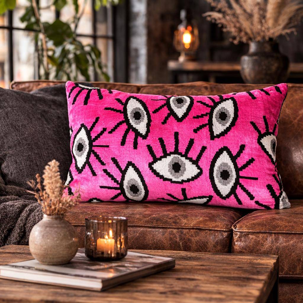 Seiden-Kissenhülle 40 x 60 cm in Pink mit grafischem Augenmuster in Schwarz, Weiß und Grau