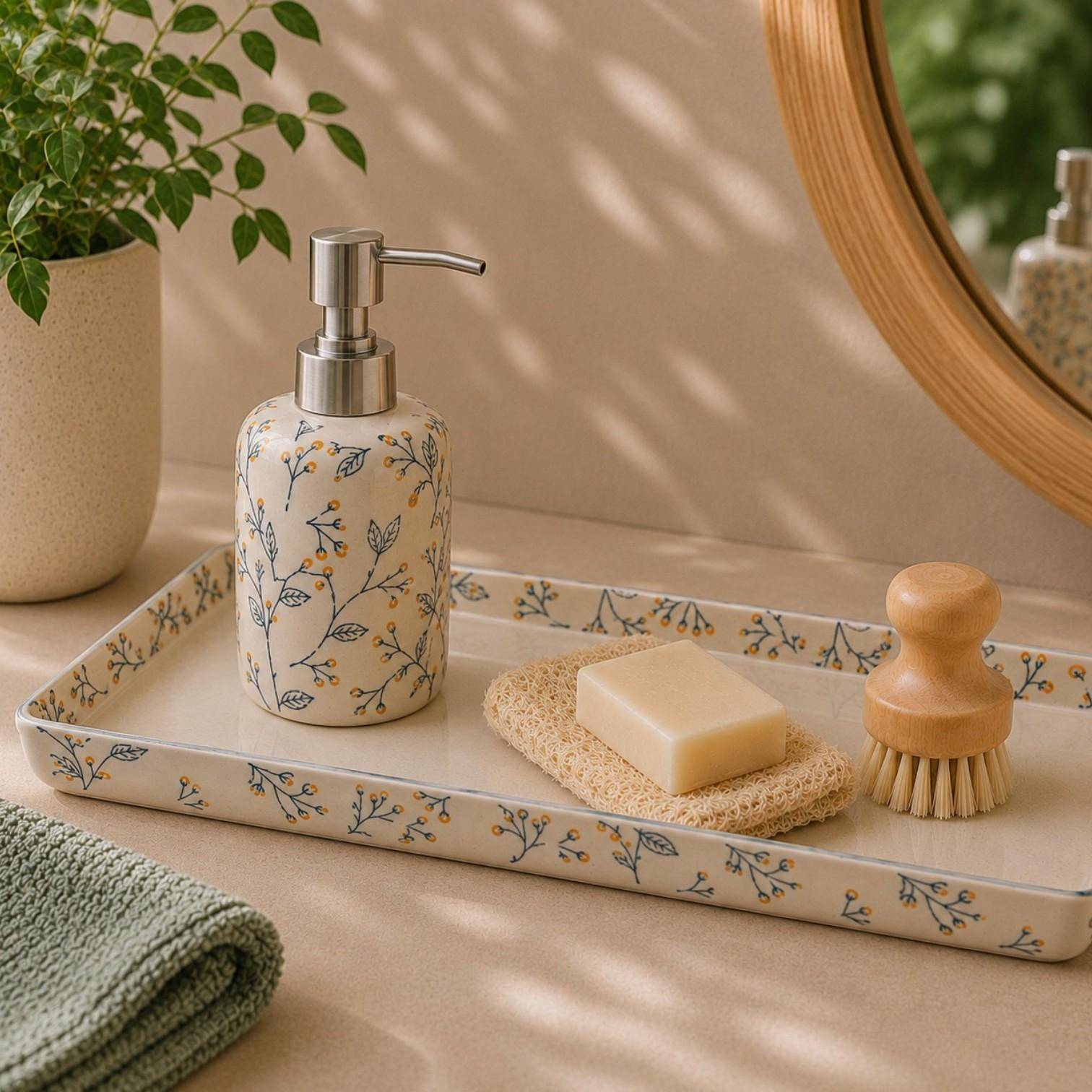Tranquillo ROMANTIC Badablage aus Steinzeug mit floralem Muster im modernen Badezimmer dekoriert mit Seifenspender, Naturseife und Bürste.