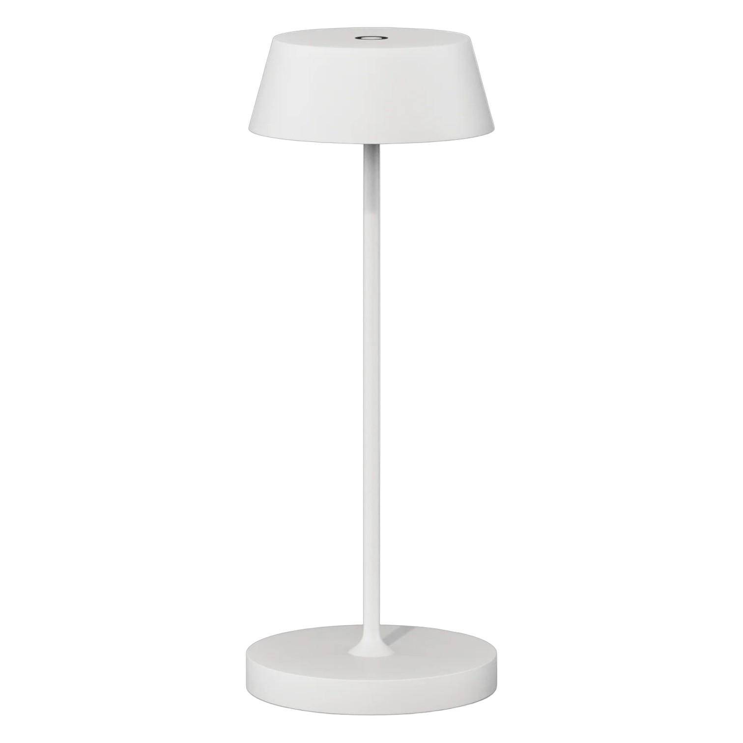 Weiße QOOZII Malta LED Tischlampe als Freisteller. Moderne kabellose Akku-Tischlampe für Garten, Terrasse, Balkon und Wohnbereich mit zeitlosem Design.